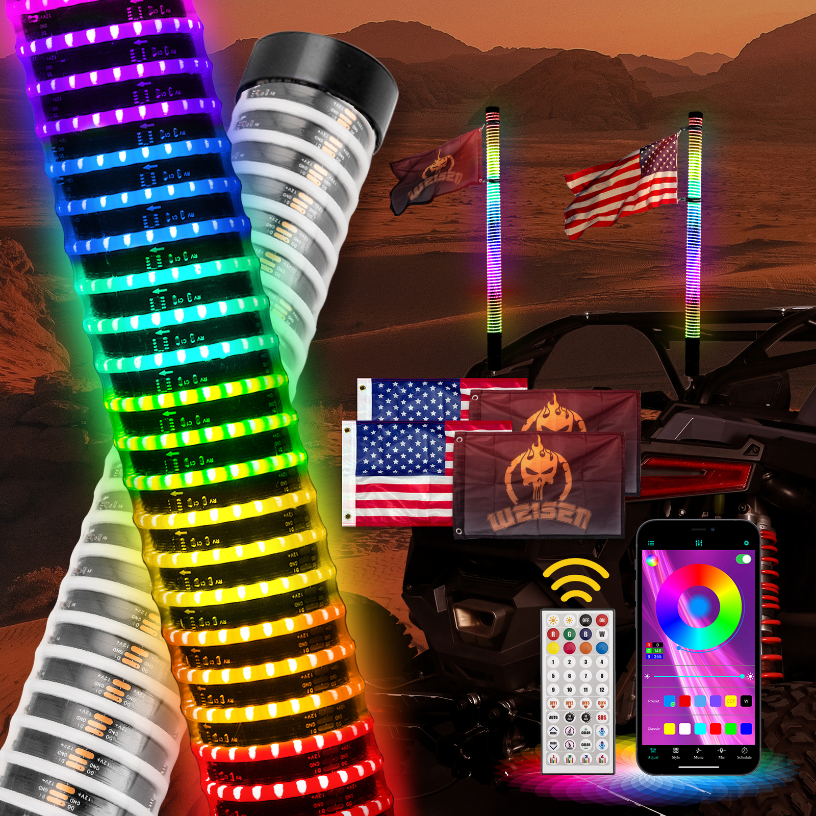 2x 3FT COB Thick LED Whip Spiral Chasing RGB Fat Whip Lights For Can Am Polaris
