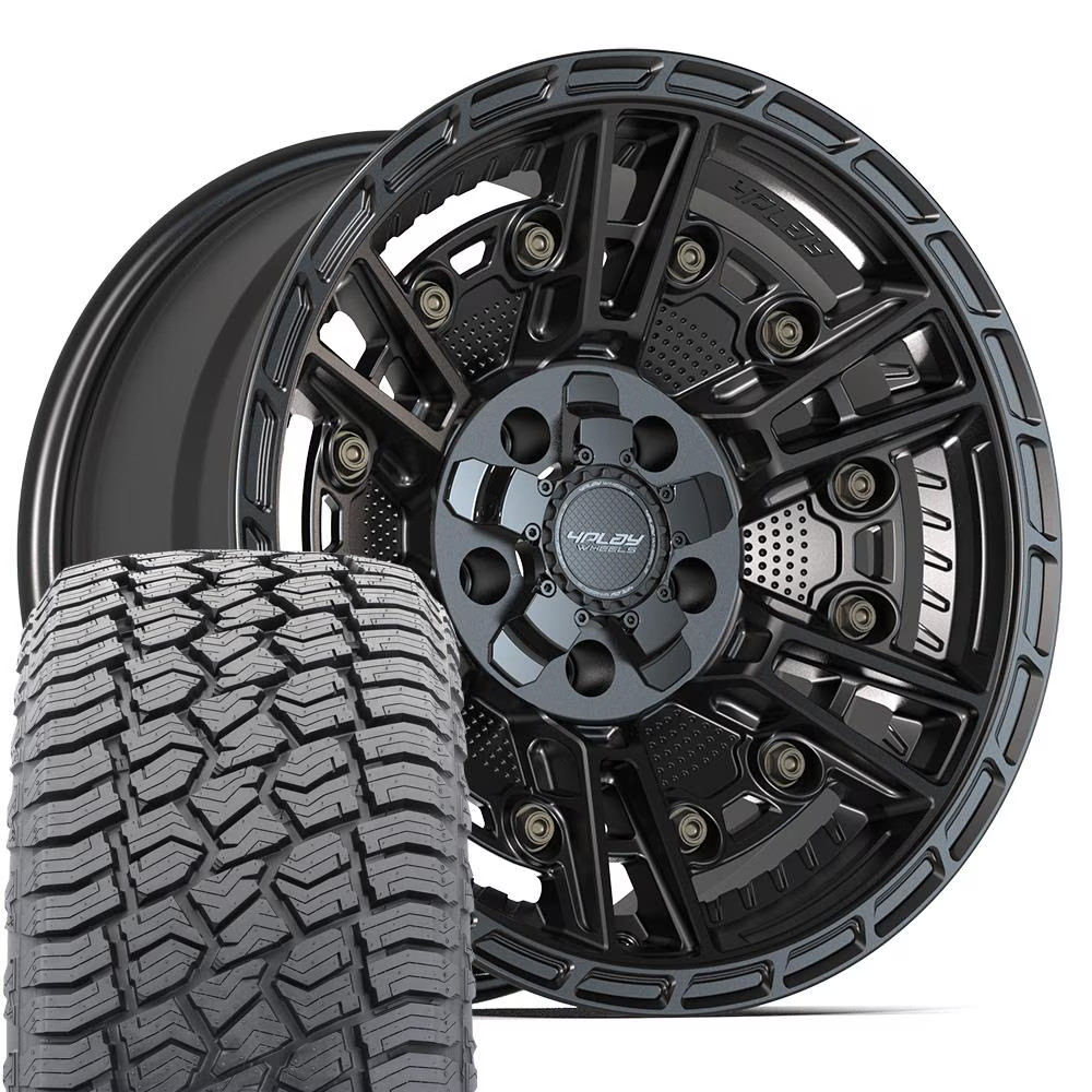 4PS01 17×9 Black 4PLAY Wheels & 265/70R17 AT22 Tires Set Fits Jeep Wrangler