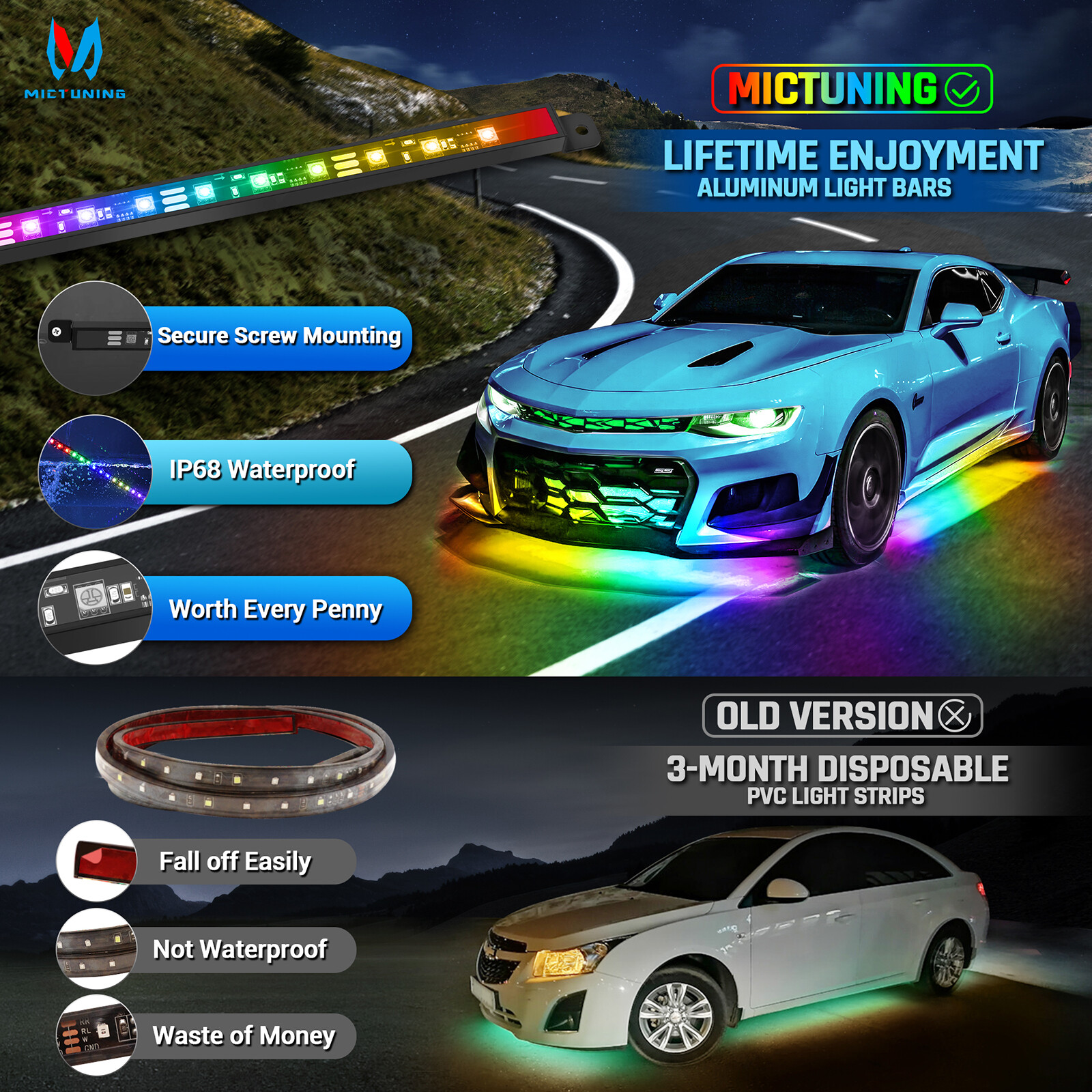 Bluetooth 8PCS RGB Car LED Underglow Lights Strip Dream Color Chasing Lights Kit