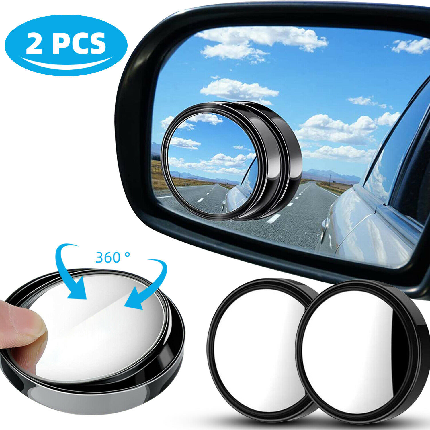 2PCS 360° Side Blind Spot Mirrors Round HD Glass Convex Rear View Mirror for Car