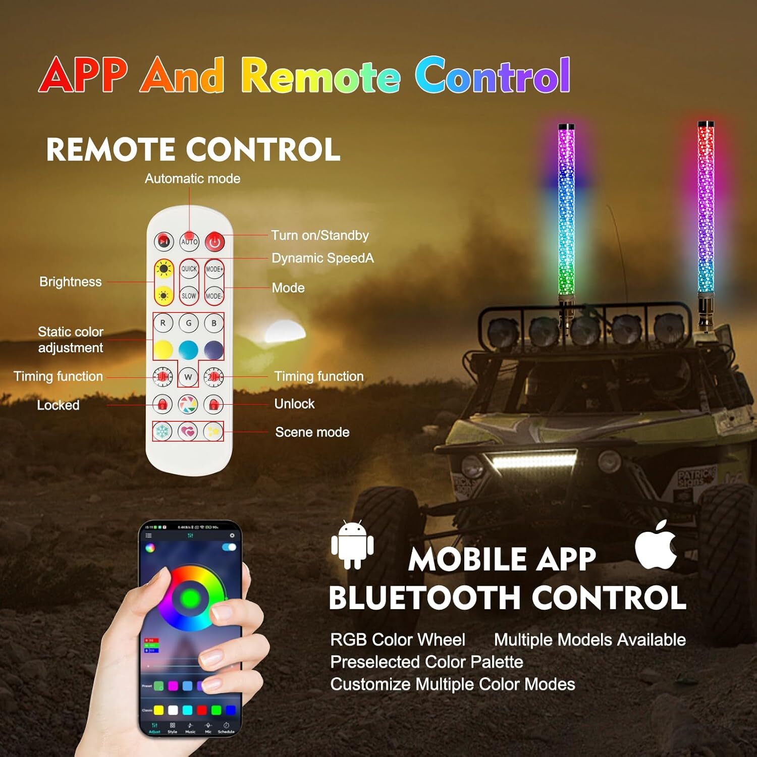 2PCS 2FT Fat LED Whip APP Controlled Antenas Whip Light for Polaris RZR ATV UTV