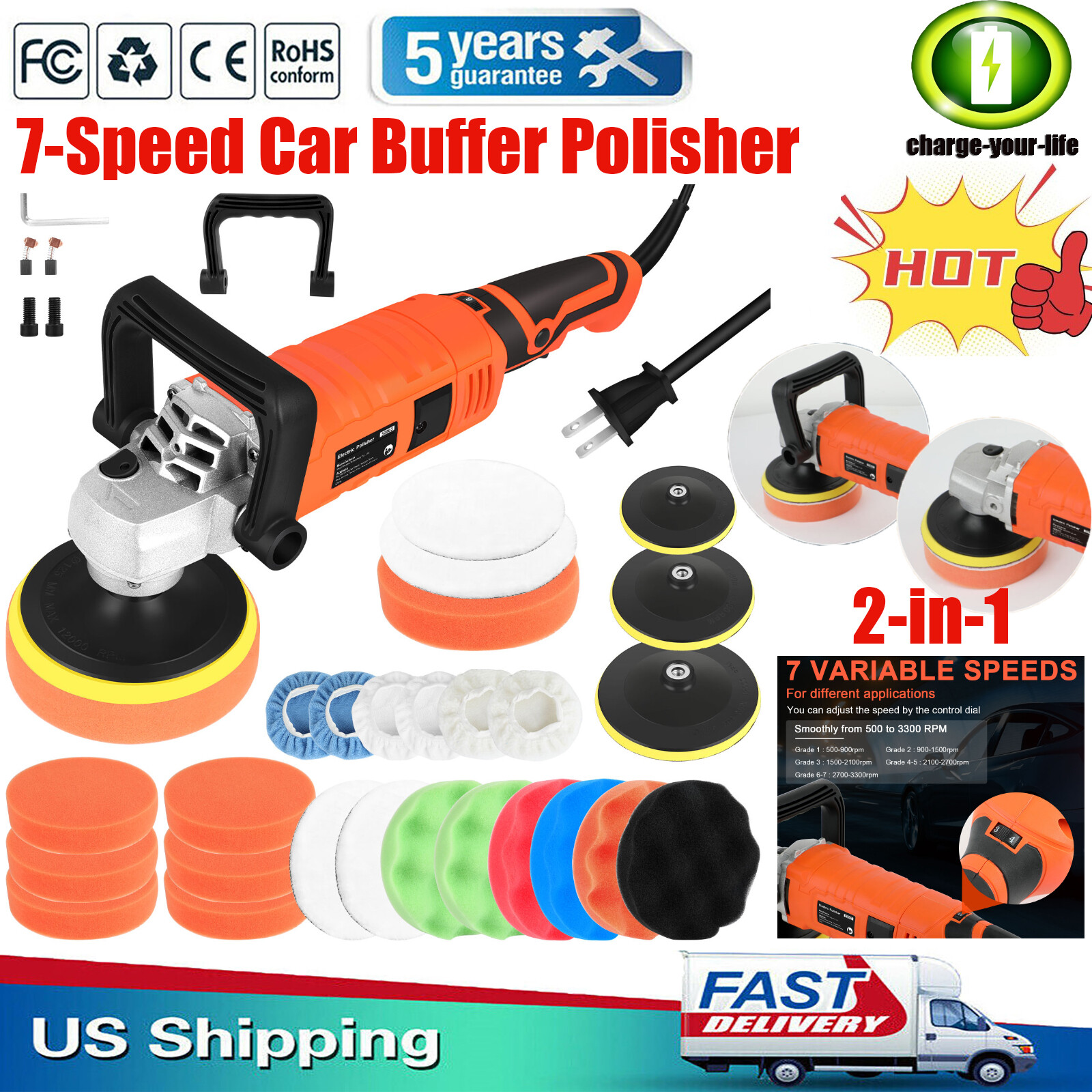 Dual Action Car Polisher Buffer Machine 7-Speed Cordless Sander Polishing Kit US