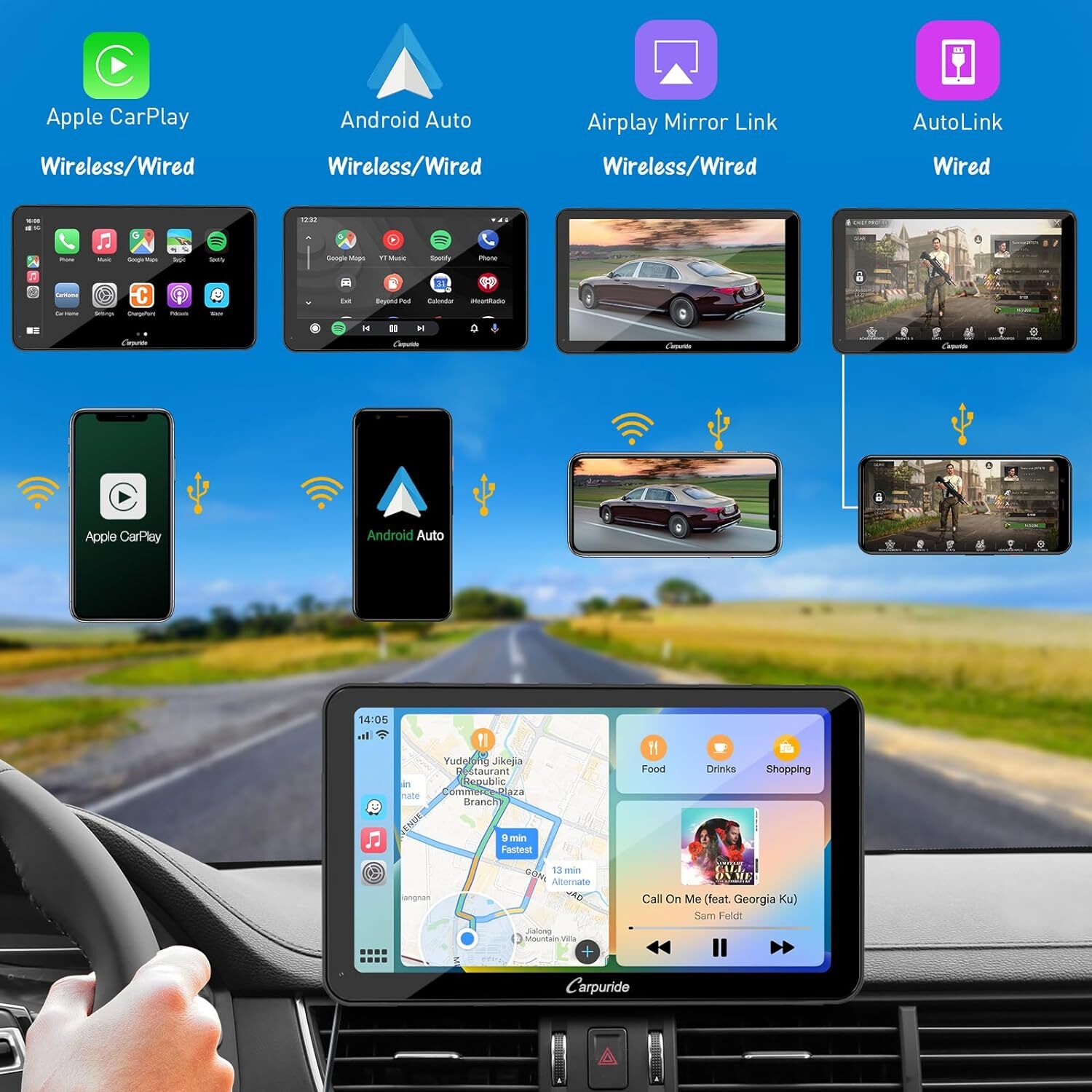 Carpuride Wireless Carplay Android Auto Mirror Link Dual Bluetooth W/Backup Cam