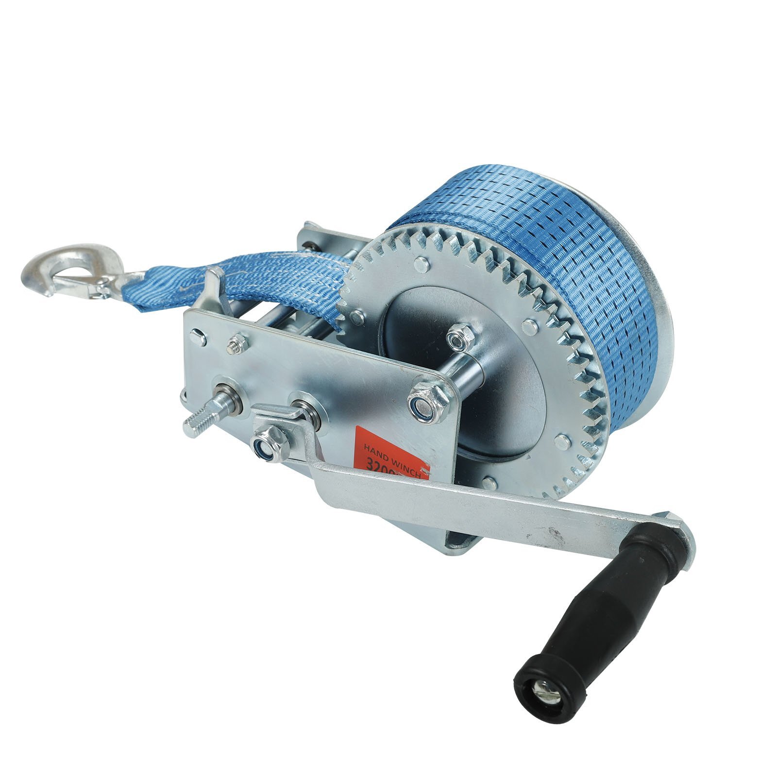 3200lbs Hand Winch Polyester Strap 2 Gear Crank Boat ATV Trailer RV Blue