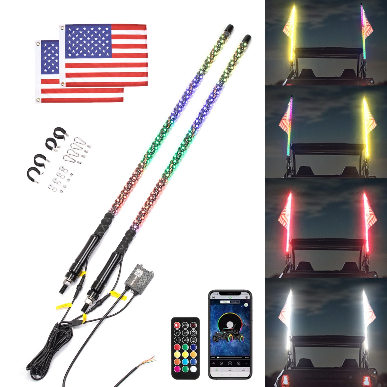 2PCS 3FT LED Spiral Whip Lights RGB Remote&App Control Antenna Chase for RZR X3