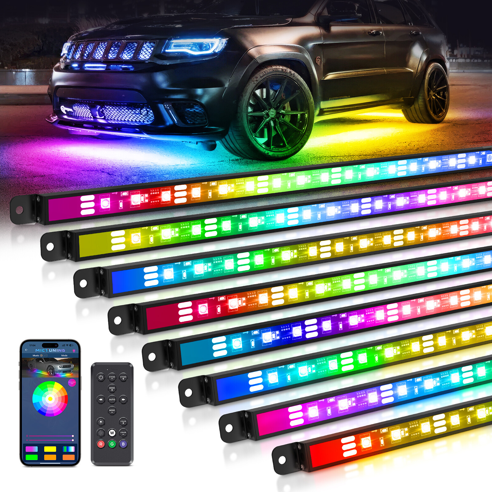 MICTUNING Wireless Car Underglow Led Light Bar Chasing Color, RGB+IC LED Lights