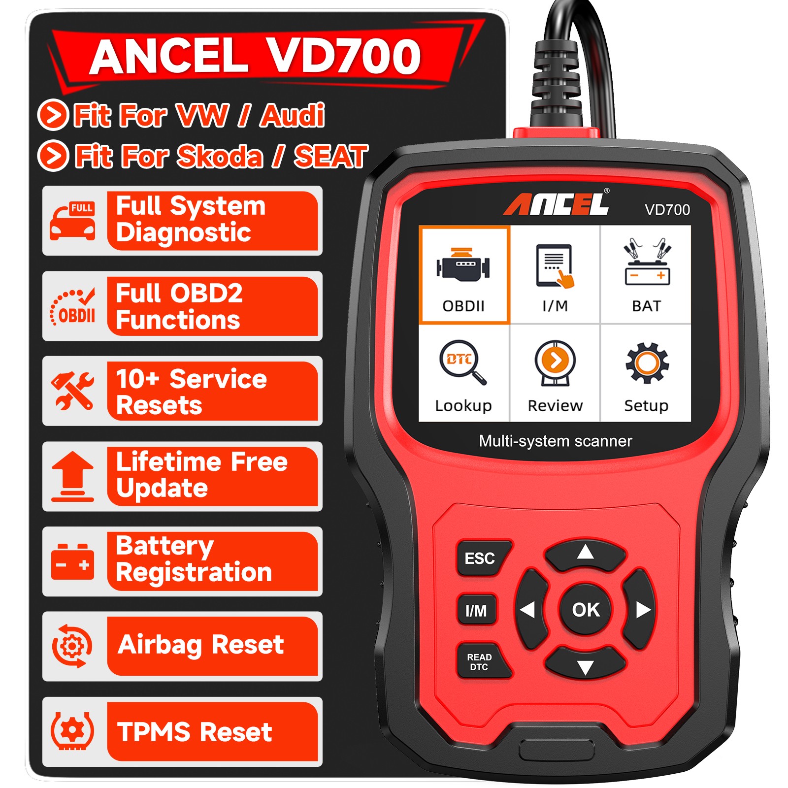 VD700-US OBD2 Scanner Car Full System Scanner Diagnostics SRS ABS Oil EPB Reset