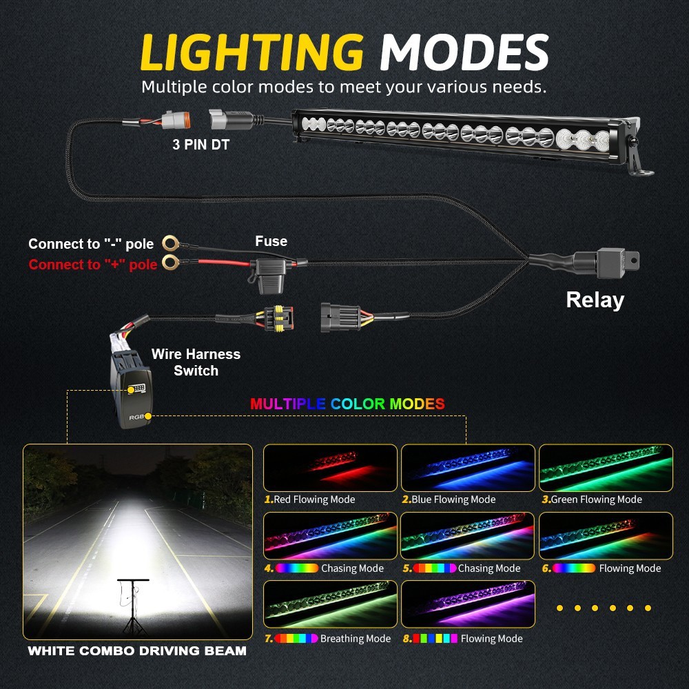 30inch LED Light Bar Chasing RGB Strobe Multi-Color Work Driving Offroad ATV 12v