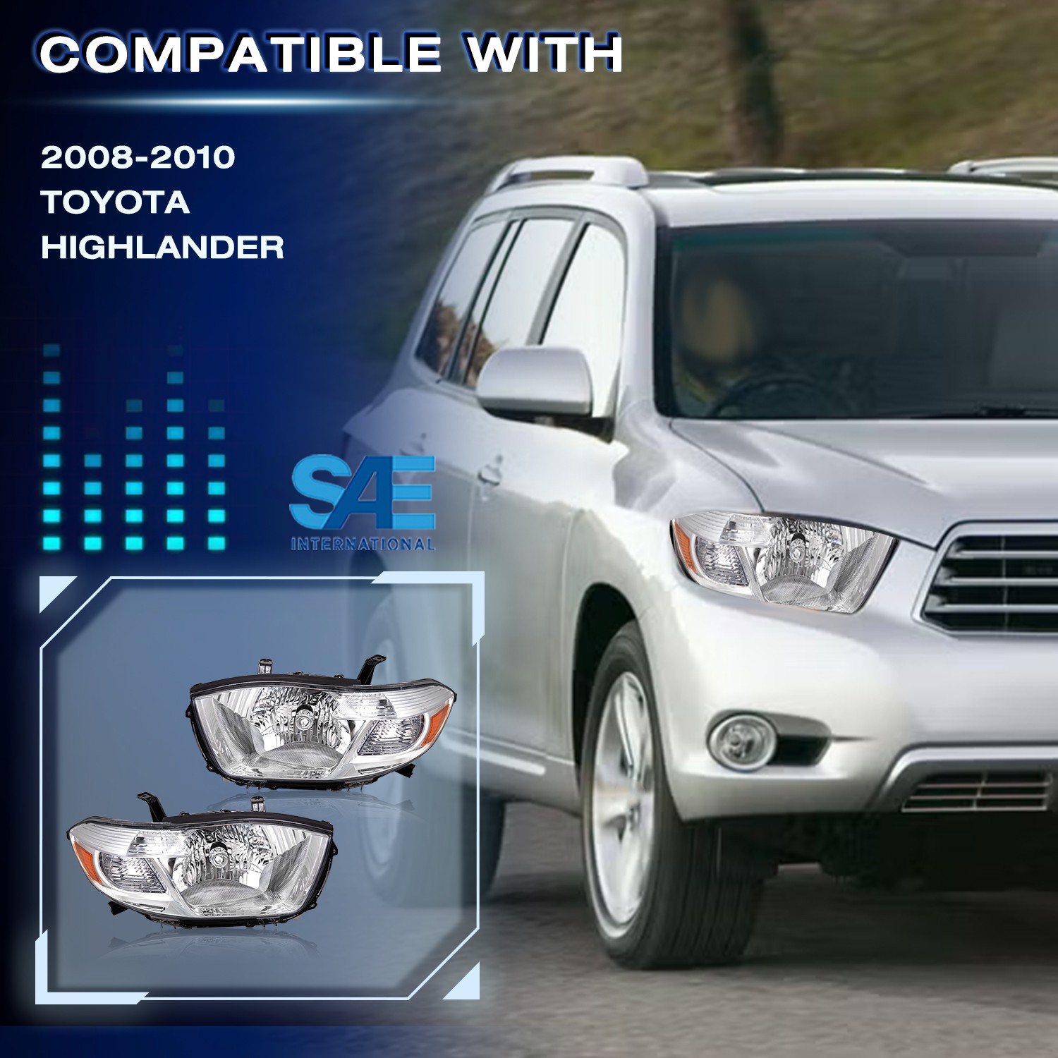 For 2008-2010 Toyota Highlander Halogen Chrome Housing Headlights Lamps Pair