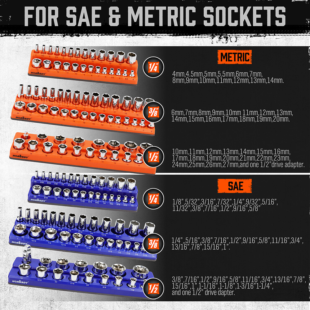 Magnetic Socket Organizer Holder 6-PACK Set 1/4” 3/8” 1/2” Metric SAE 143pcs