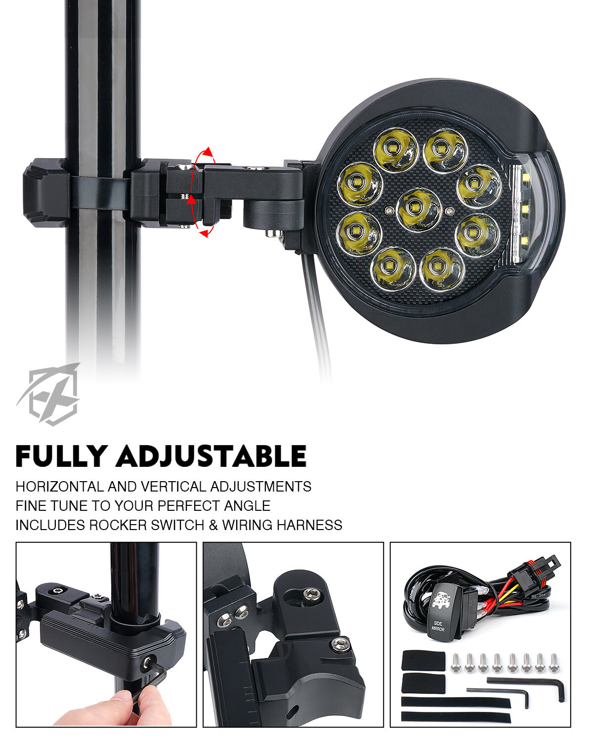 UTV Round Side Rearview Mirrors w/LED Spot Lights 1.5″-2″ Roll Cage RZR XP 1000
