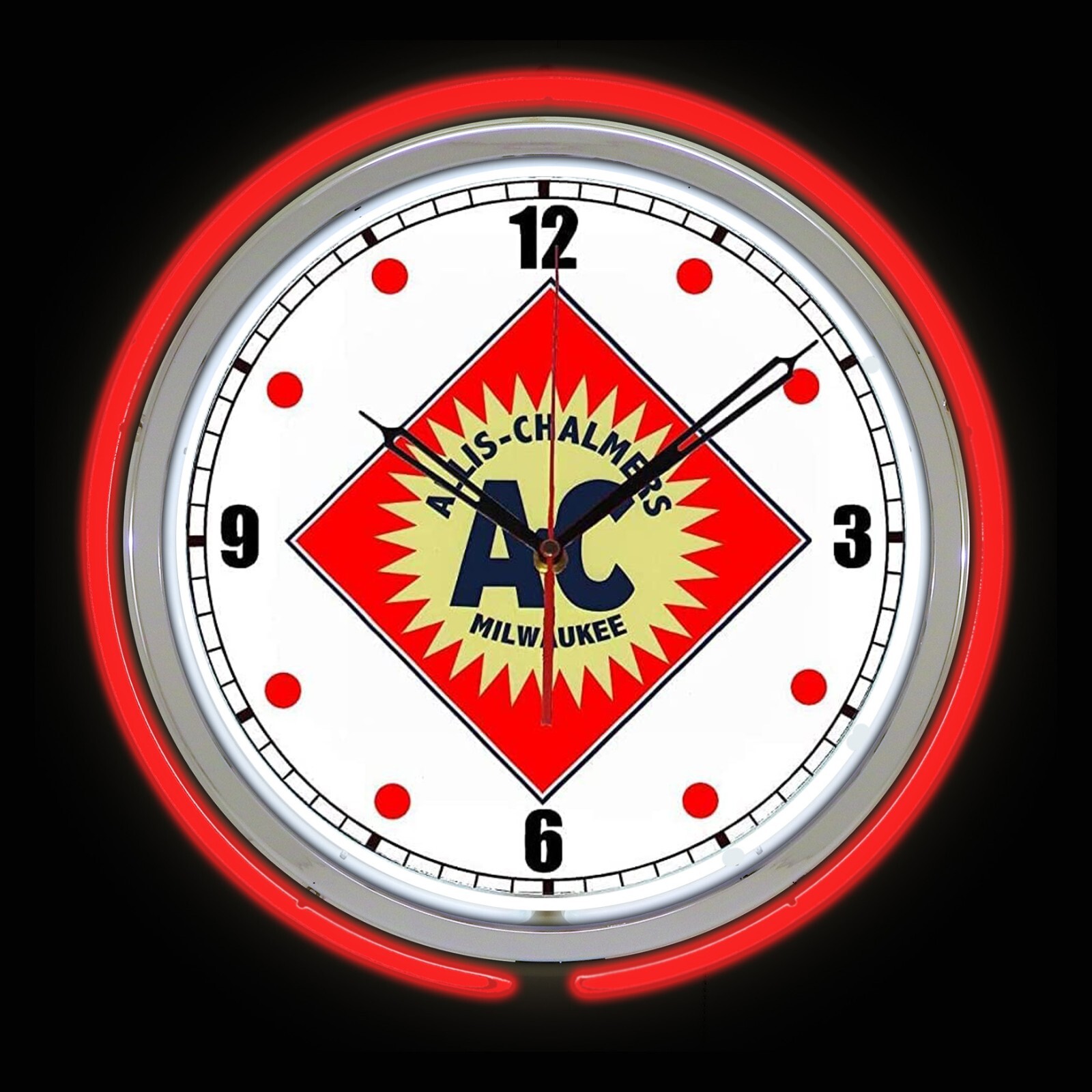 15″ Allis-Chalmers Milwaulkee Nostalgic Sign Red Double Neon Clock Man Cave