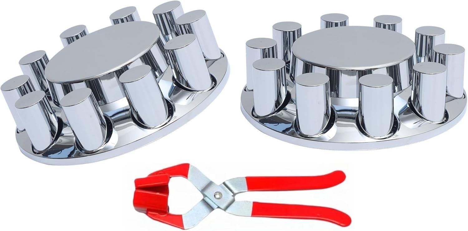Chrome Plastic 2 Front Flat Top Axle Covers for Semi Truck w/ 33mm Nut Covers