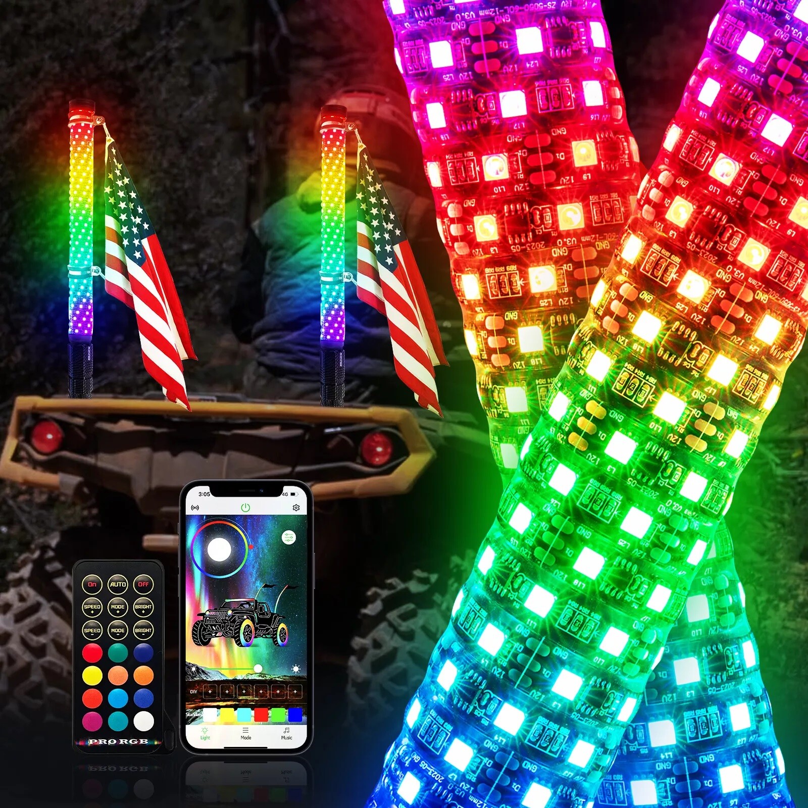2PCS 2FT Thick Fat LED Whip Chasing RGB Light For Polaris RZR XP 1000 XP 4 1000