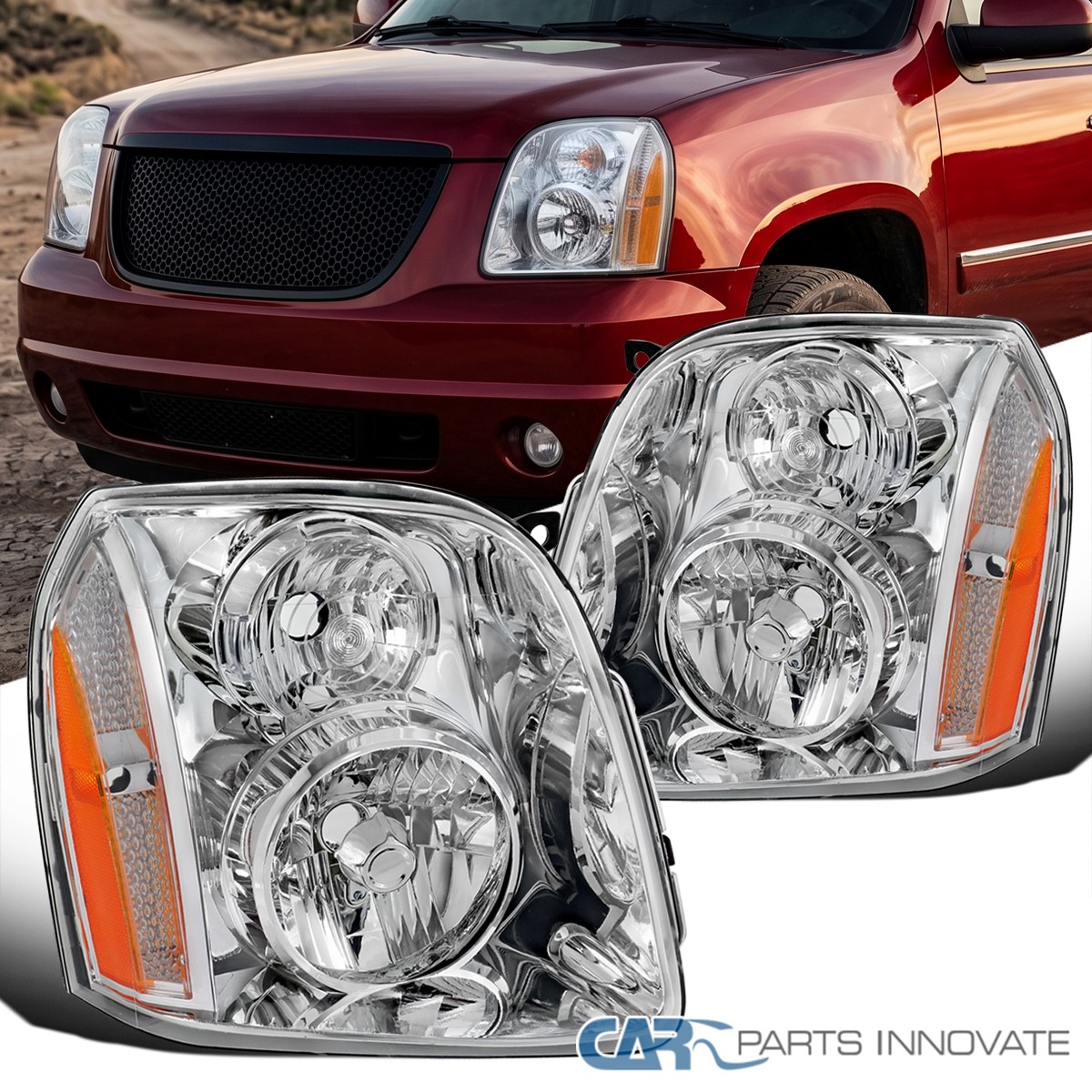 Headlights Fit 2007-2014 GMC Yukon Denali XL Halogen Headlamps Left+Right
