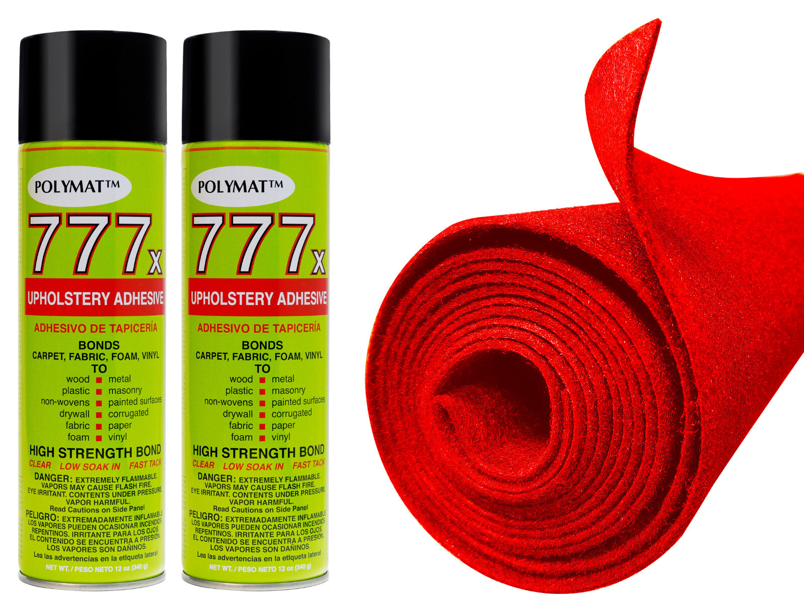 12FT x 3.75FT RED Carpet ROLL + 2 CANS of 777 Glue for Polymat Speaker woofers