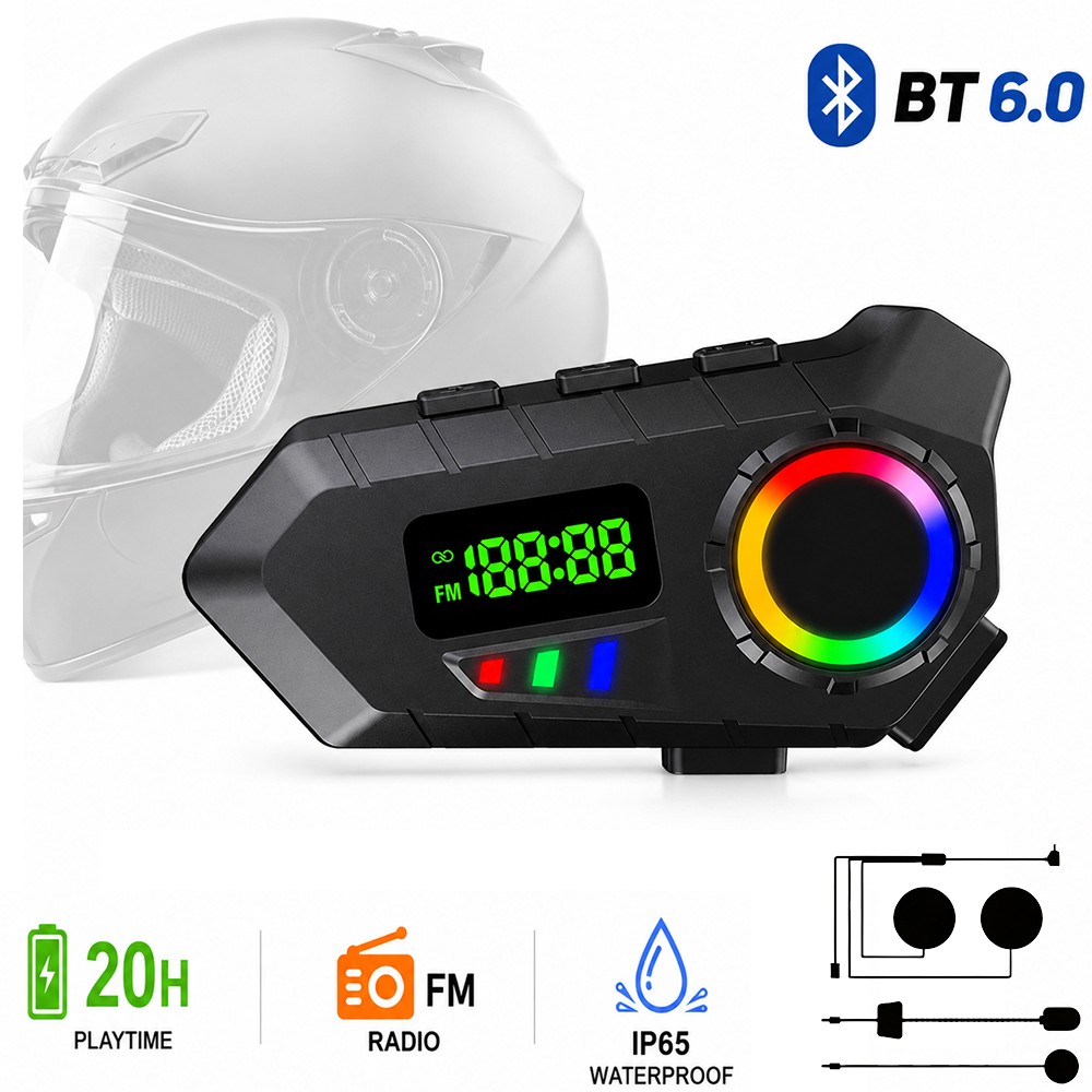 Motorcycle Helmet Bluetooth Speakers 6.0 FM Radio RGB LCD Waterproof with Mic