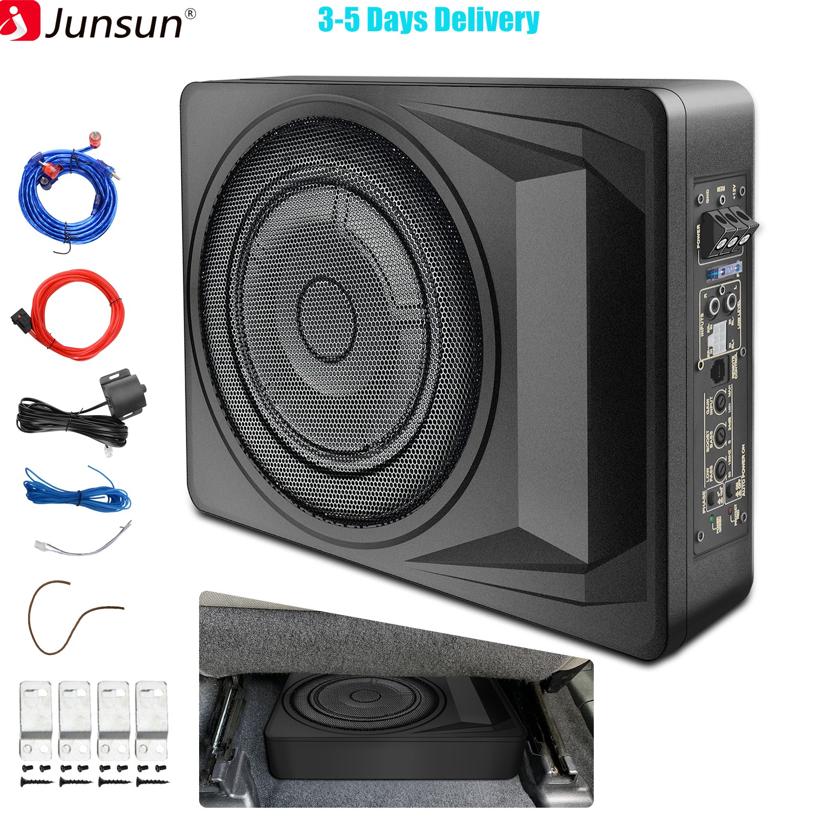 10″ 1200W Slim Under Seat Subwoofer+ Built-in Amplifier Low Pass/Gain/Bass Boost