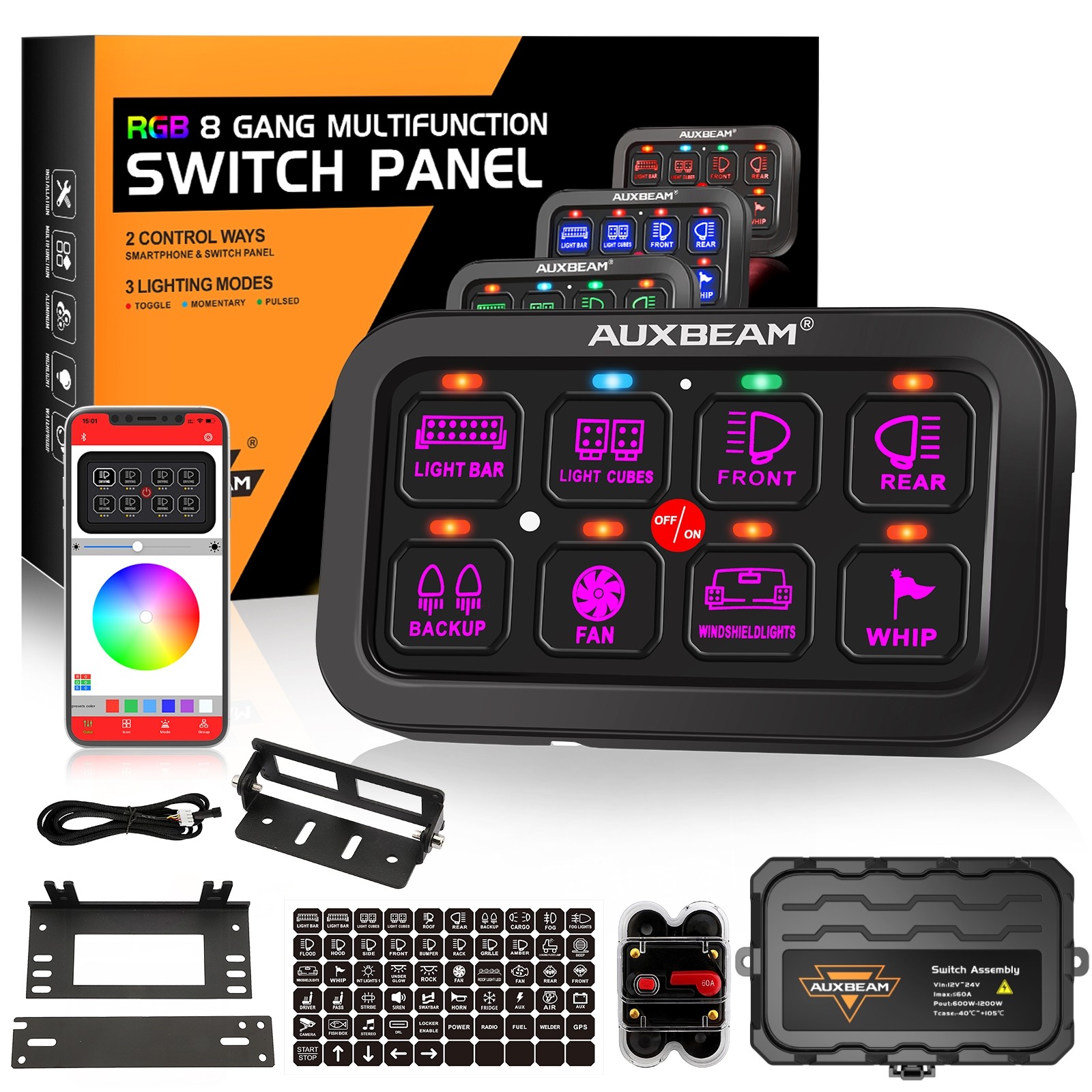 AUXBEAM AR-800 8 Gang RGB Switch Panel On-Off w/ bluetooth Control APP for Boat