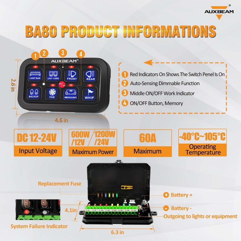 AUXBEAM 8 GANG LED SWITCH PANEL KIT AUTOMATIC DIMMABLE OFF ROAD LIGHT CONTROLLER