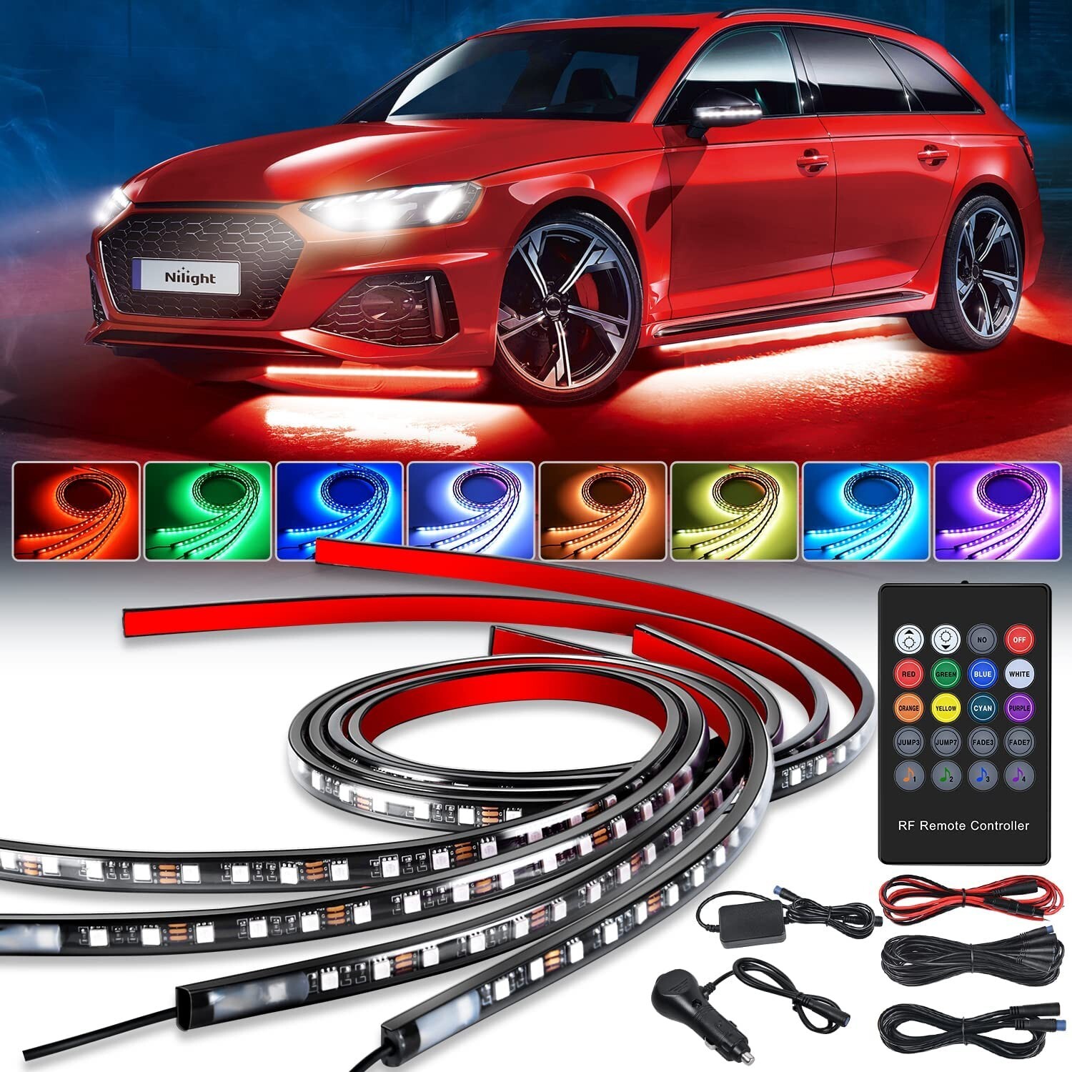 Nilight 4Pcs Car Underglow Neon Accent Strip Lights 252 LEDs RGB 8 Color