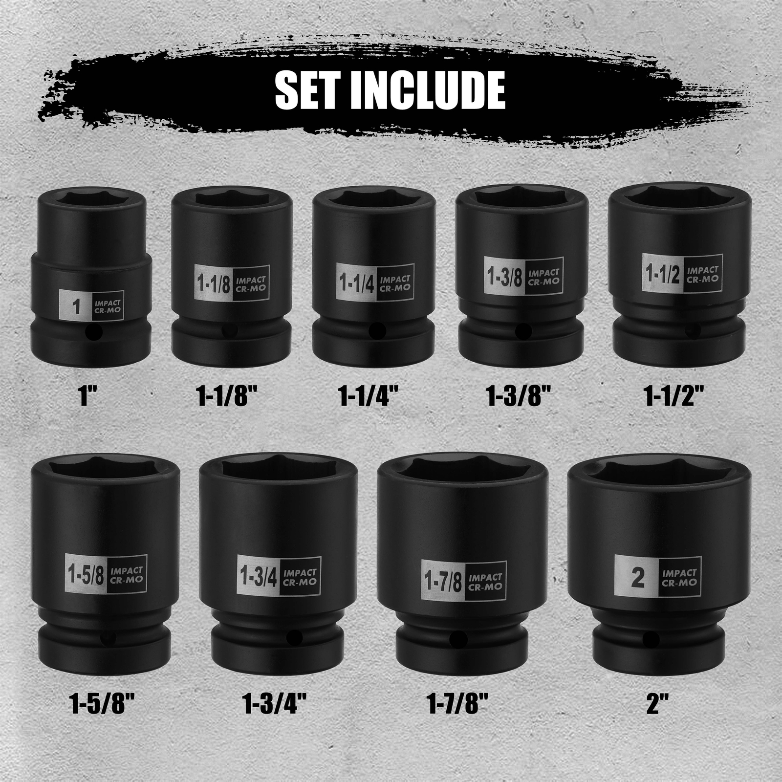 1” Drive Spindle Axle Nut Impact Socket Set 1″ to 2″, 9PCS 6-Point, SAE, CR-MO