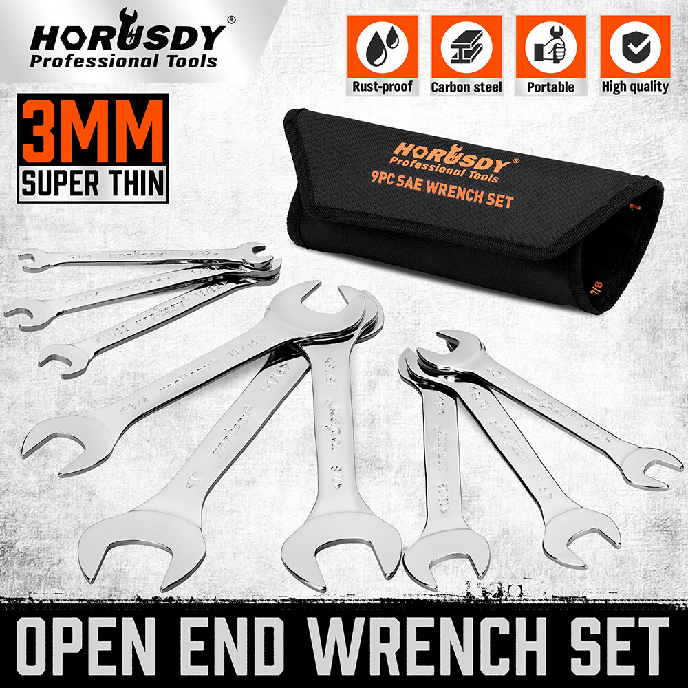 9PC Super-Thin Open End Wrench Set Rolling Pouch SAE Slim Spanner 1/4″-1-1/16″