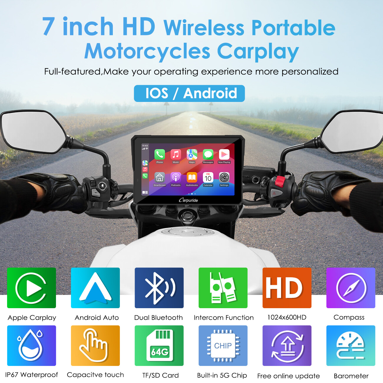Carpuride W702Pro Wireless Carplay Android Auto Waterproof Touchscreen For Motor