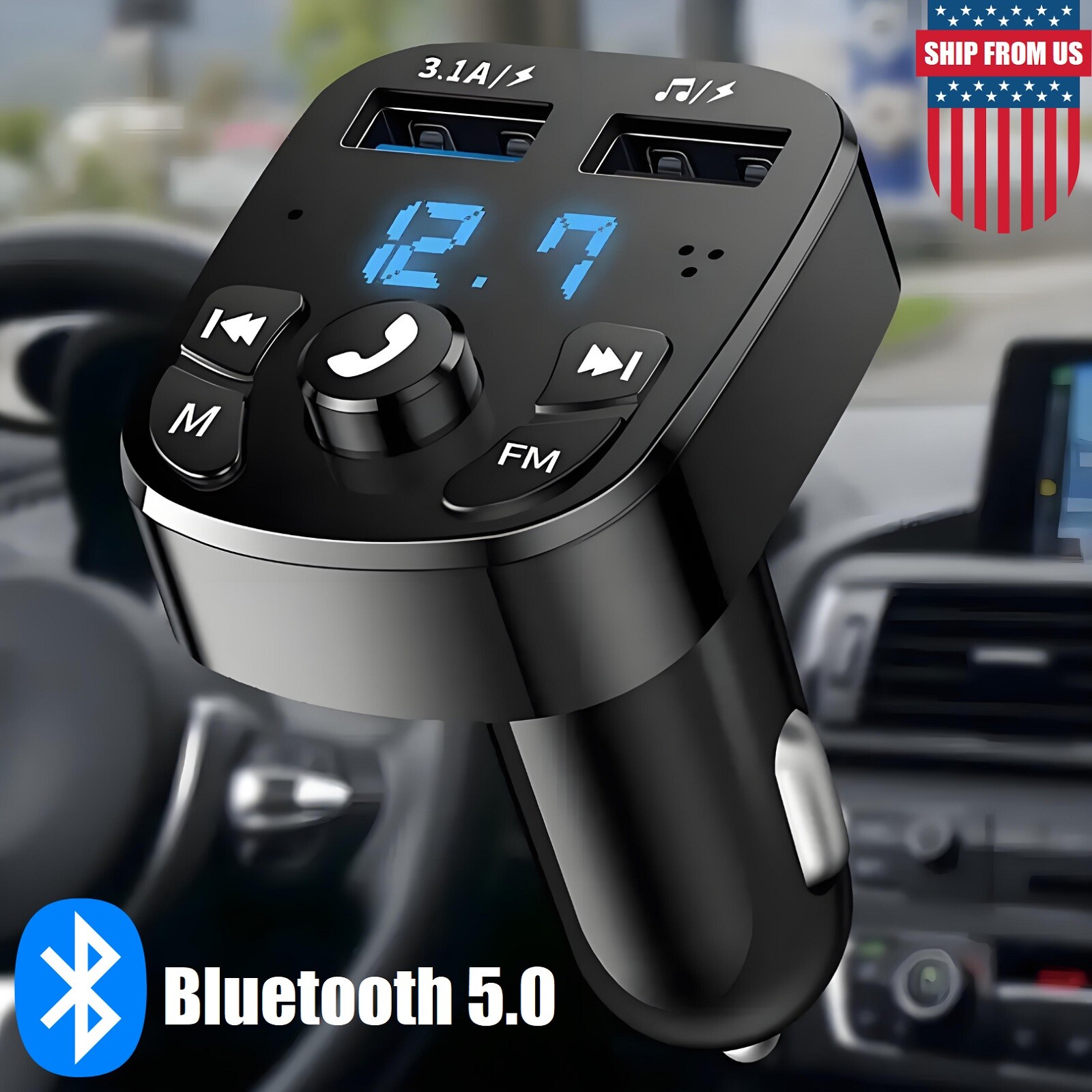 Car Bluetooth 5.0 Wireless FM Transmitter Adapter 2USB PD Charger AUX Hands-Free