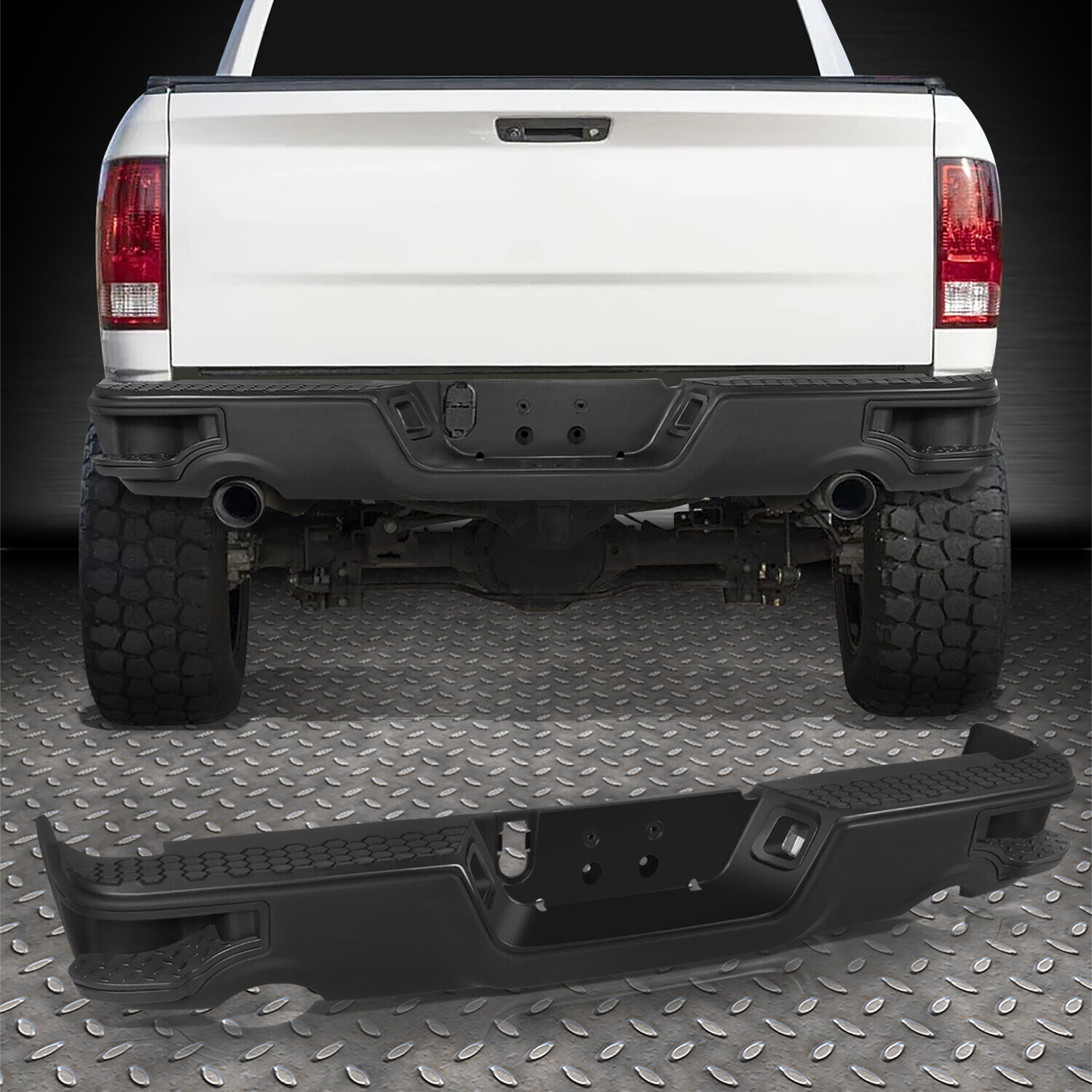 For 09-23 Dodge Ram 1500/Classic Black Steel Rear Bumper w/ Dual Exhaust Holes