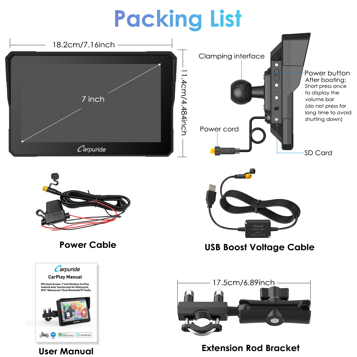 Carpuride W702 Moto Carplay Android Auto Waterproof Touchscreen Dual Bluetooth