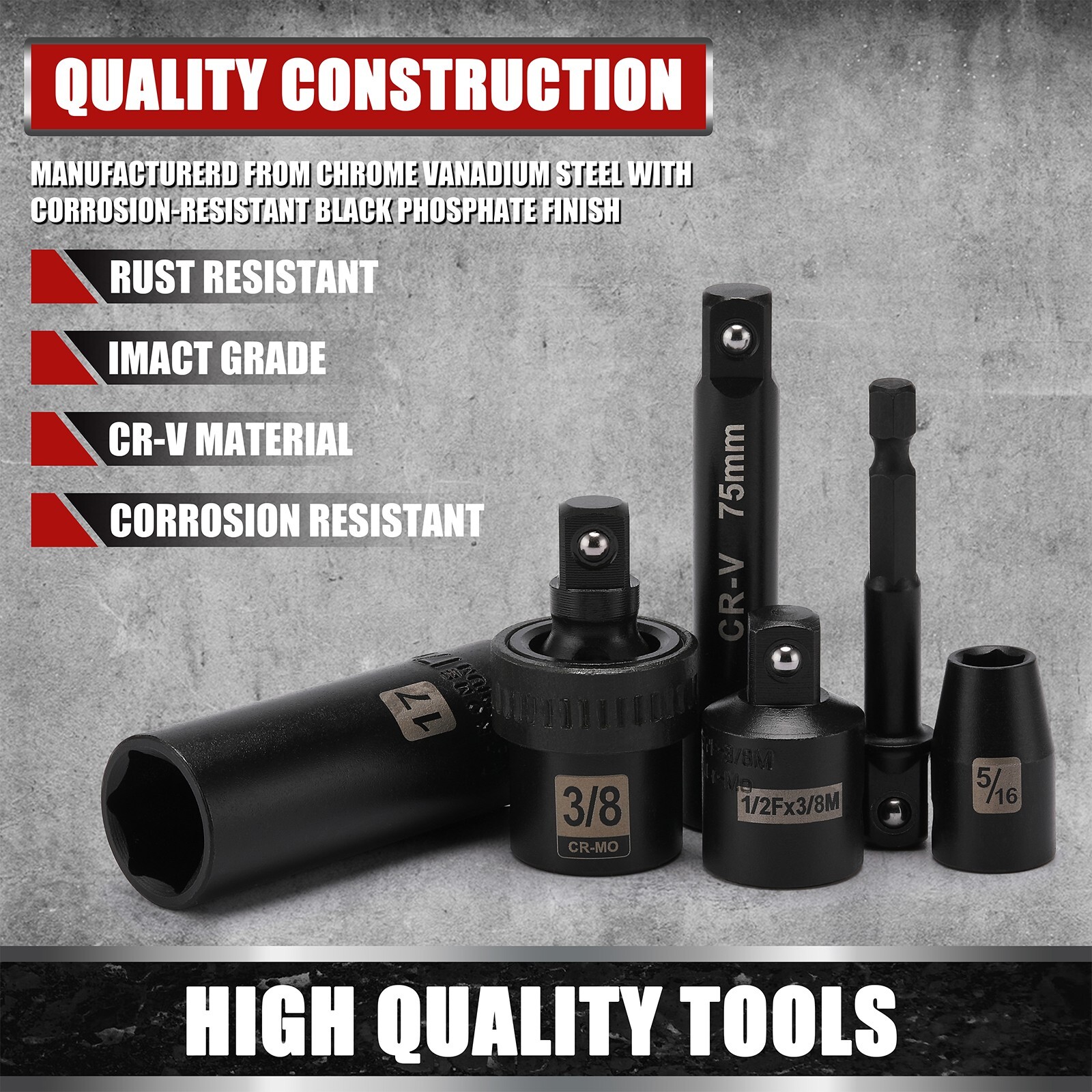 49PCS 3/8″ Drive Deep and Shallow Impact Socket Set, SAE & Metric, CR-V, 6-Point