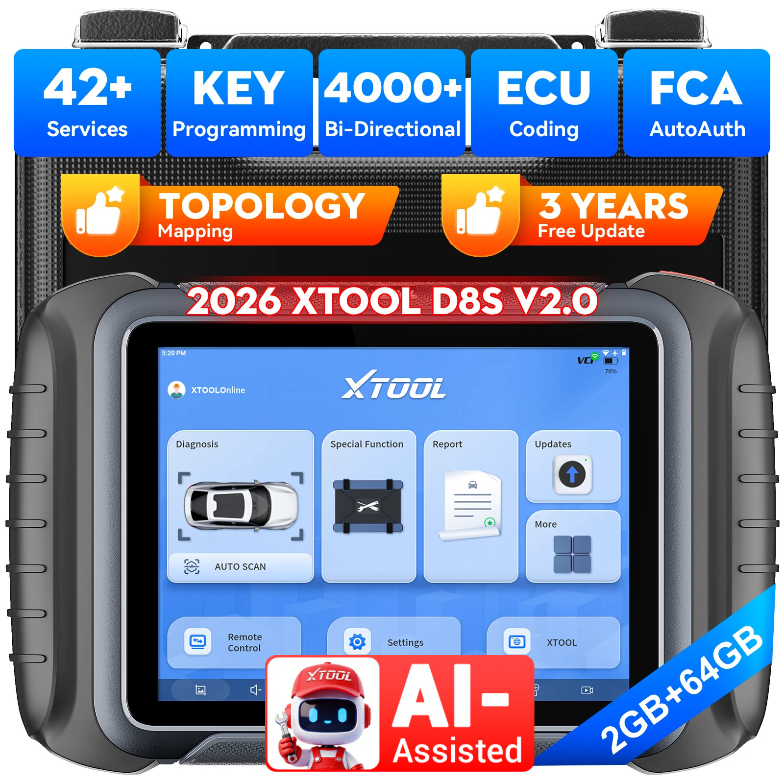 XTOOL D8S Auto Diagnostic OBD2 Scanner E.CU Coding Topology Mapping 38+ Resets
