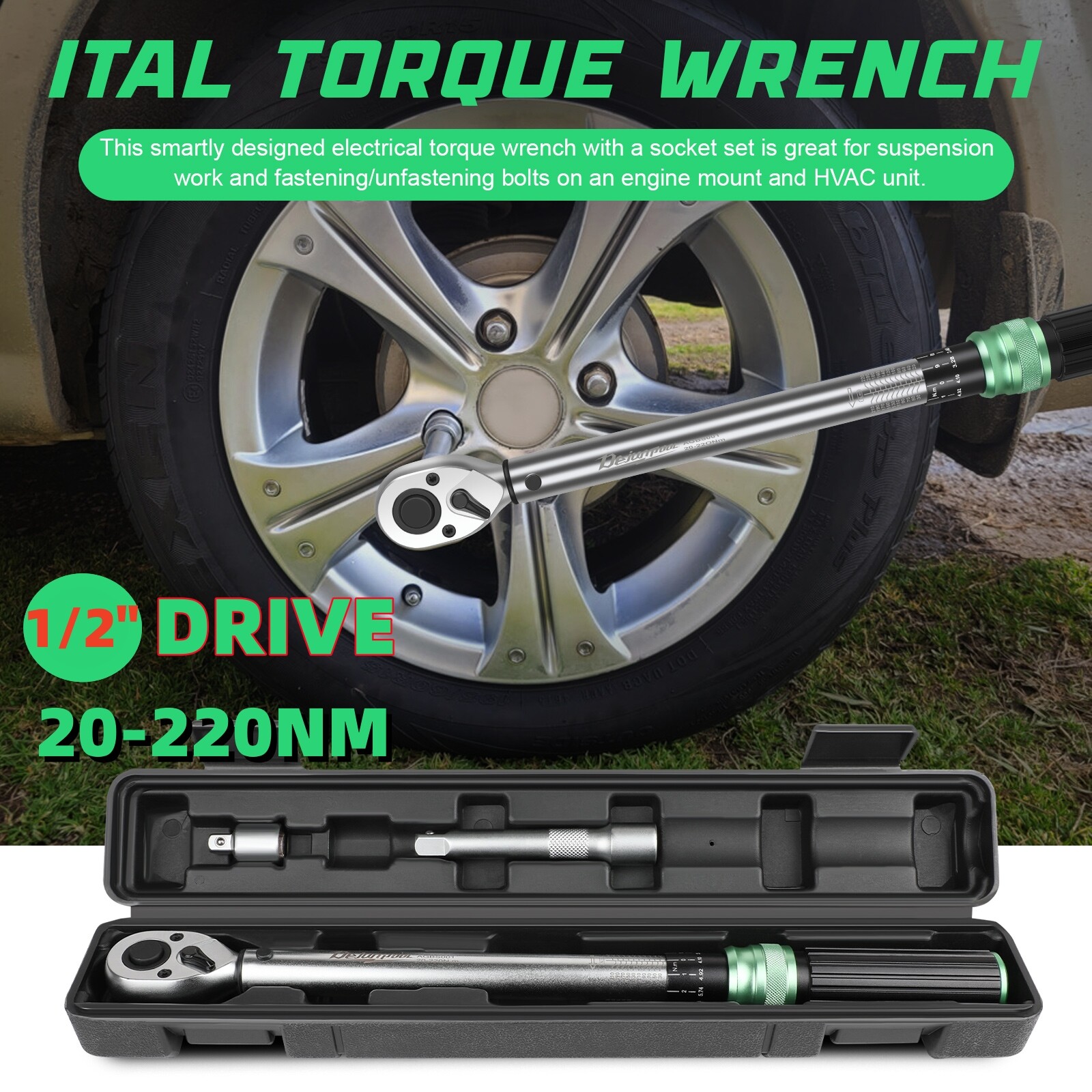 1/2″ Drive Click Torque Wrench Snap Socket Ratcheting 14.76~162 FT-LB/20~220N.M