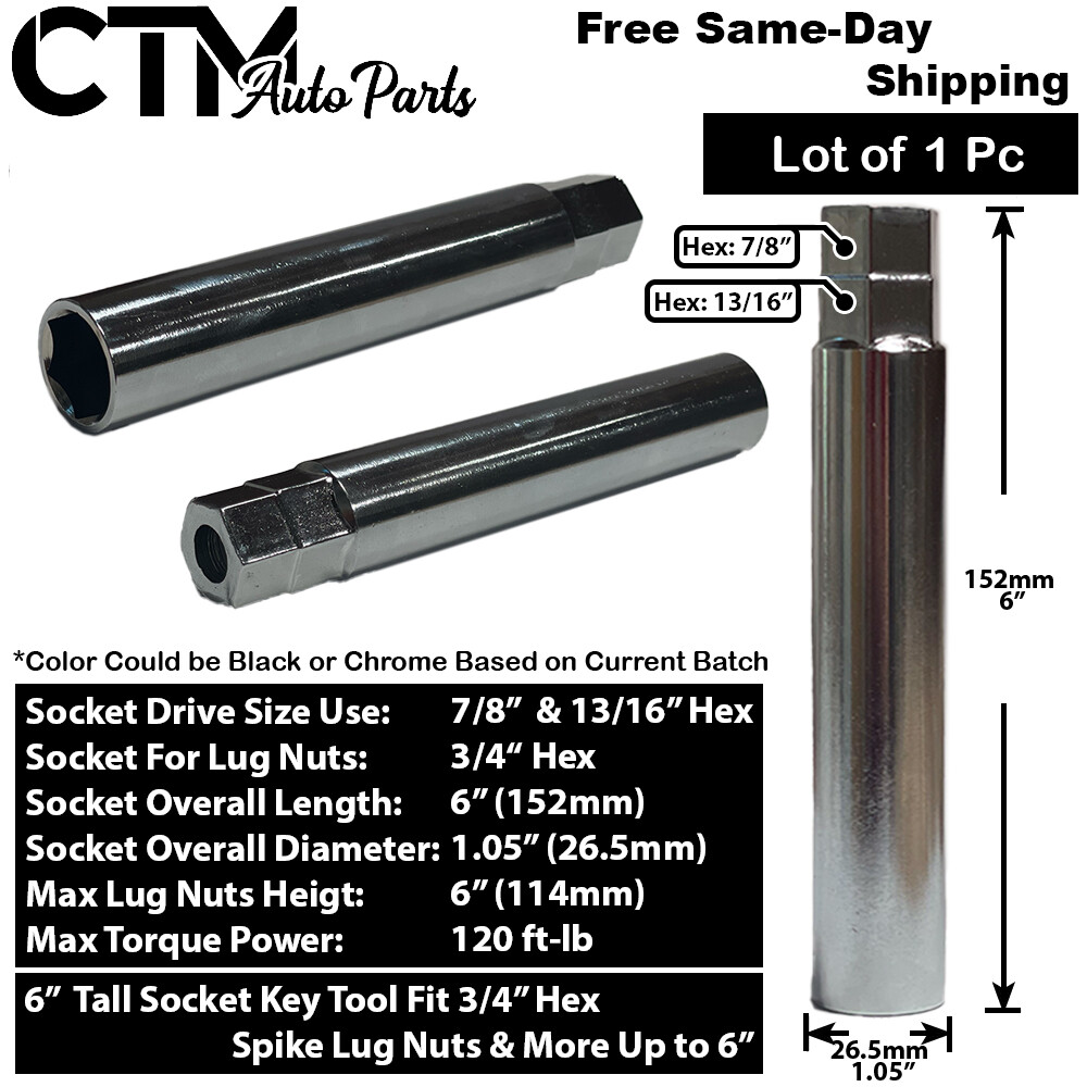 1Pc 6″ TALL 3/4″ HEX SPIKE LUG NUT SOCKET 6 INCH SPIKE LUG NUT KEY TOOL ADAPTER