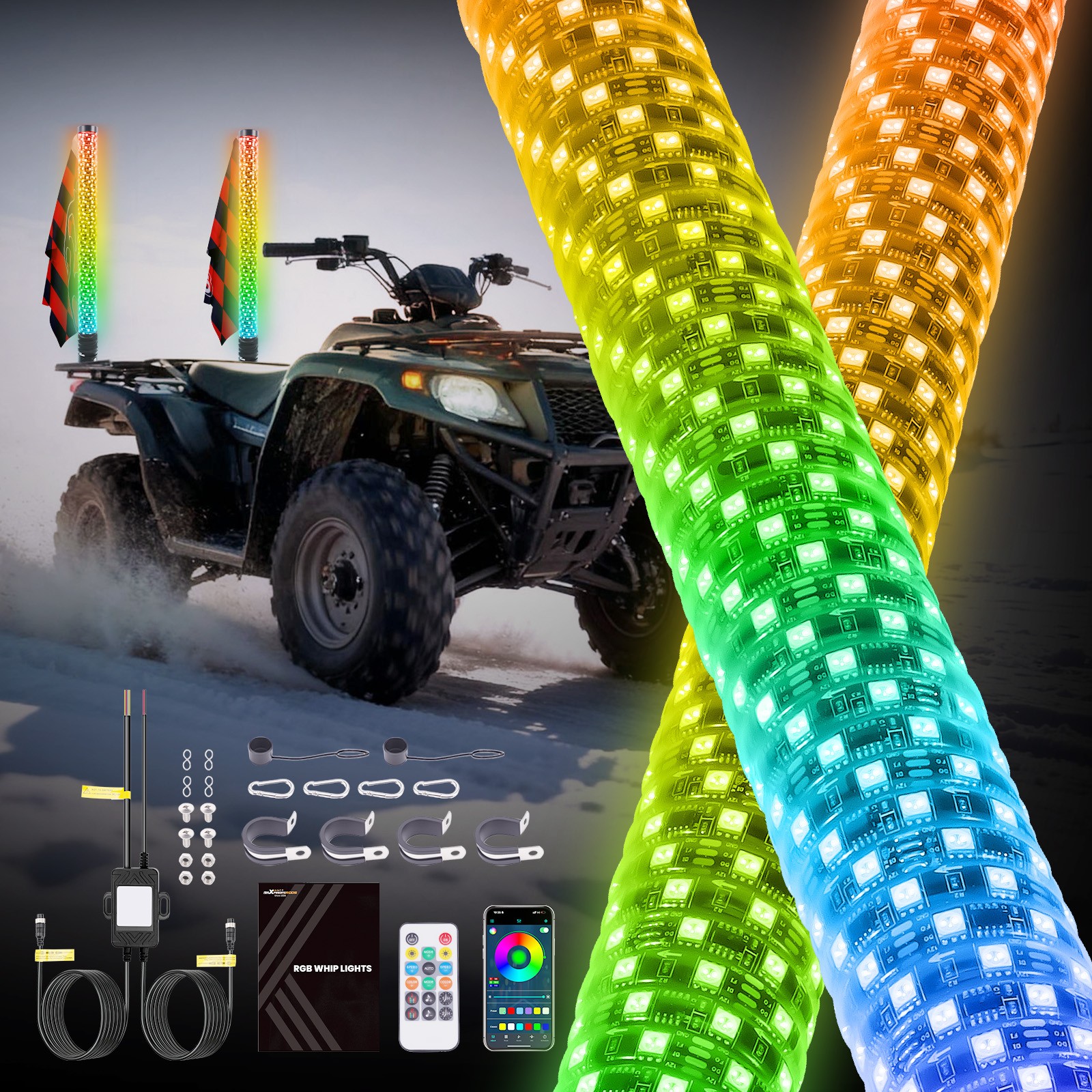 2PCS 2FT Spiral LED Fat Whip Light Antenna RGB Chasing For Can-am X3 RZR UTV ATV
