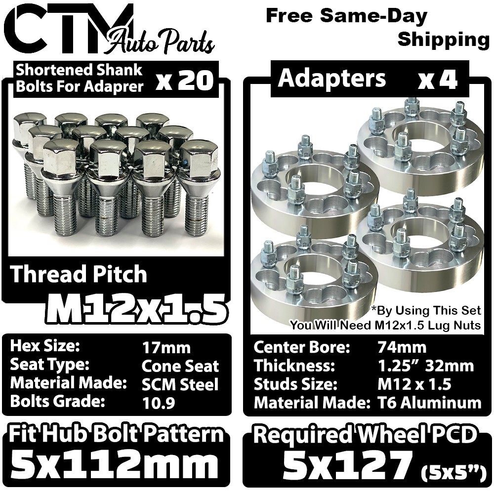 4x 1.25″ Thick 5×112 to 5×5 (5×127) Wheel Spacer Adapter + Bolts Fit Mercedes