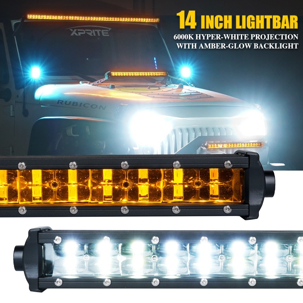 Xprite 72W 14″ Philips LED Work Light Bar Amber Backlight Offroad Driving Lamp
