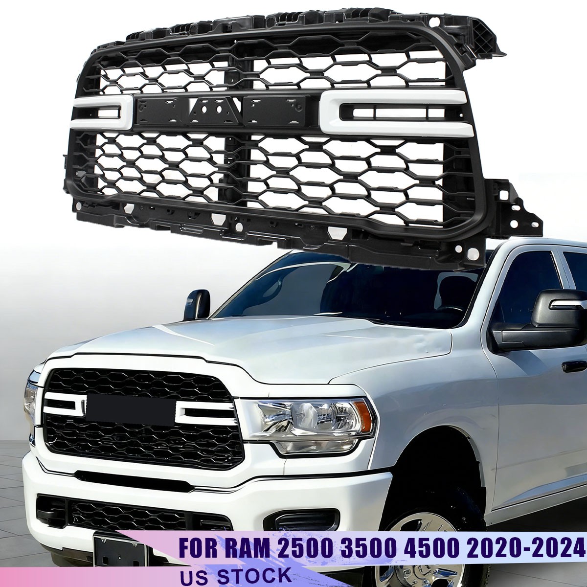 Black Front Bumper Grille For RAM 2500 3500 4500 2019-2024 W/ Bright White Trim