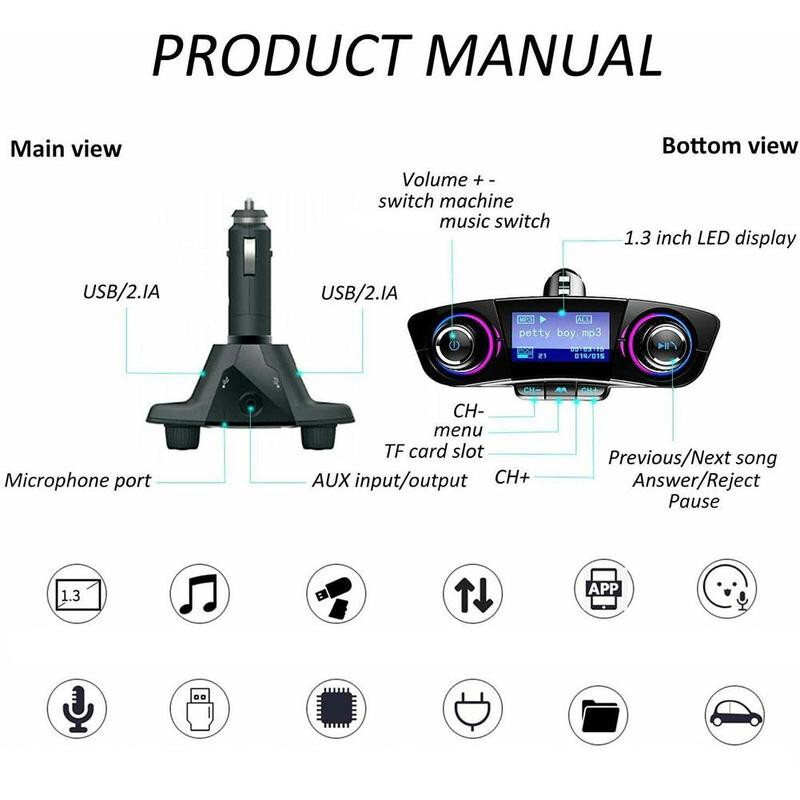 Bluetooth 4.0 Car Wireless FM Transmitter Adapter 2USB PD Charger AUX Hands-Free