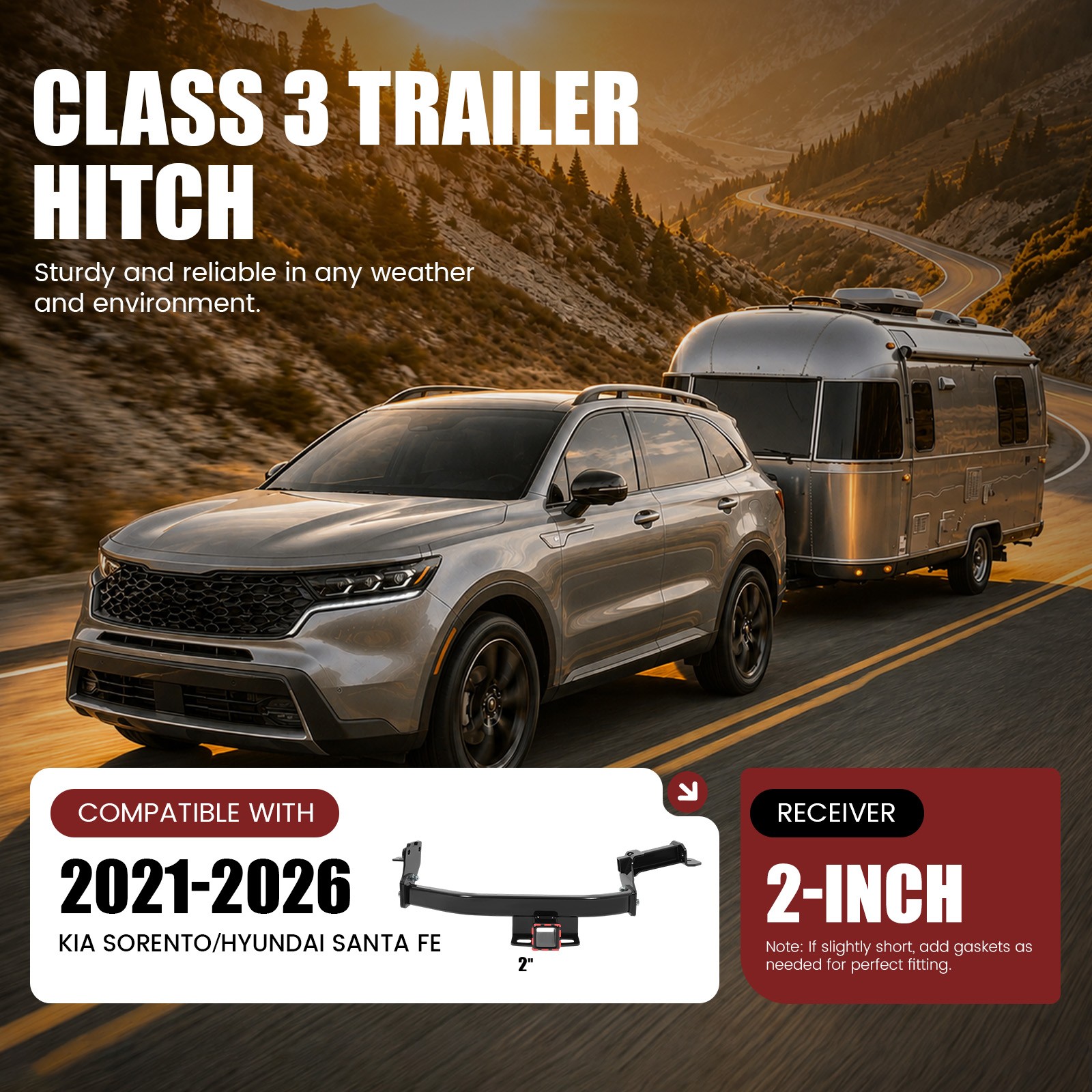 Black For Hyundai Santa Fe Kia Sorento 21-23 Class 3 Trailer Hitch 2” Receiver