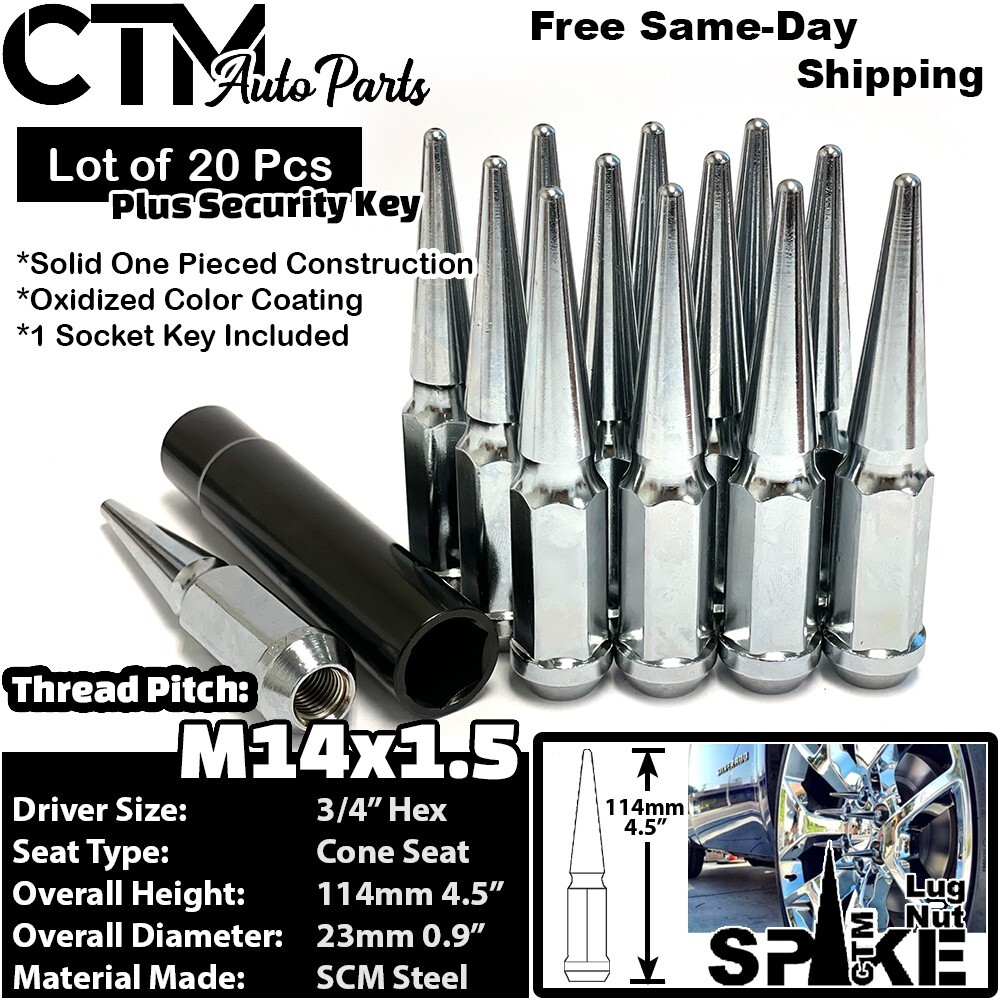 20x 4.5″ Tall 14×1.5 Chrome Spike Lug Nut 3/4″ Hex +Key Fit Buick Cadillac Chevy