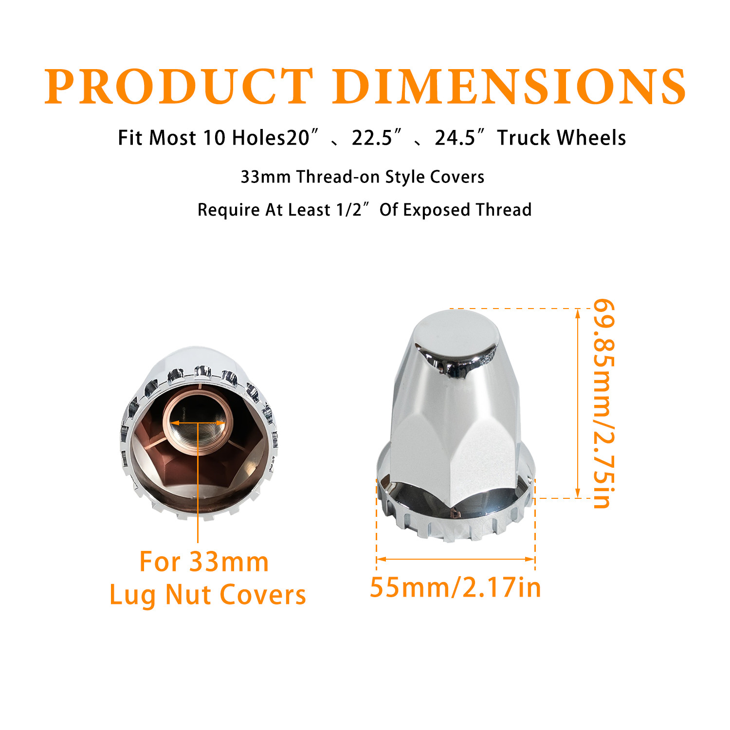33mm Chrome ABS Plastic Screw-on Standard Lug Nut Covers (Pack of 20)
