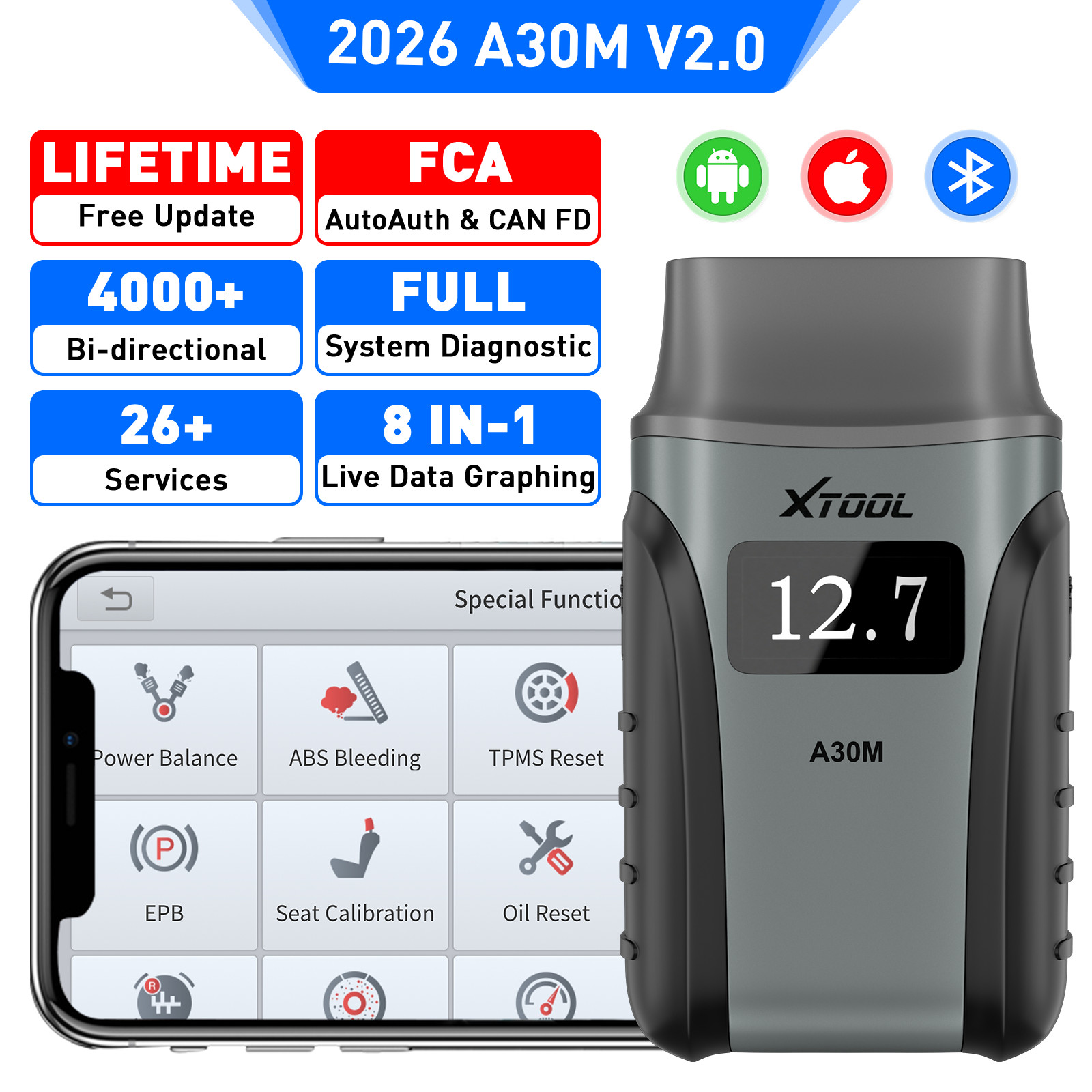 2025 XTOOL A30M V2.0 Bluetooth Full System Diagnostic Tool Bidirectional Scanner