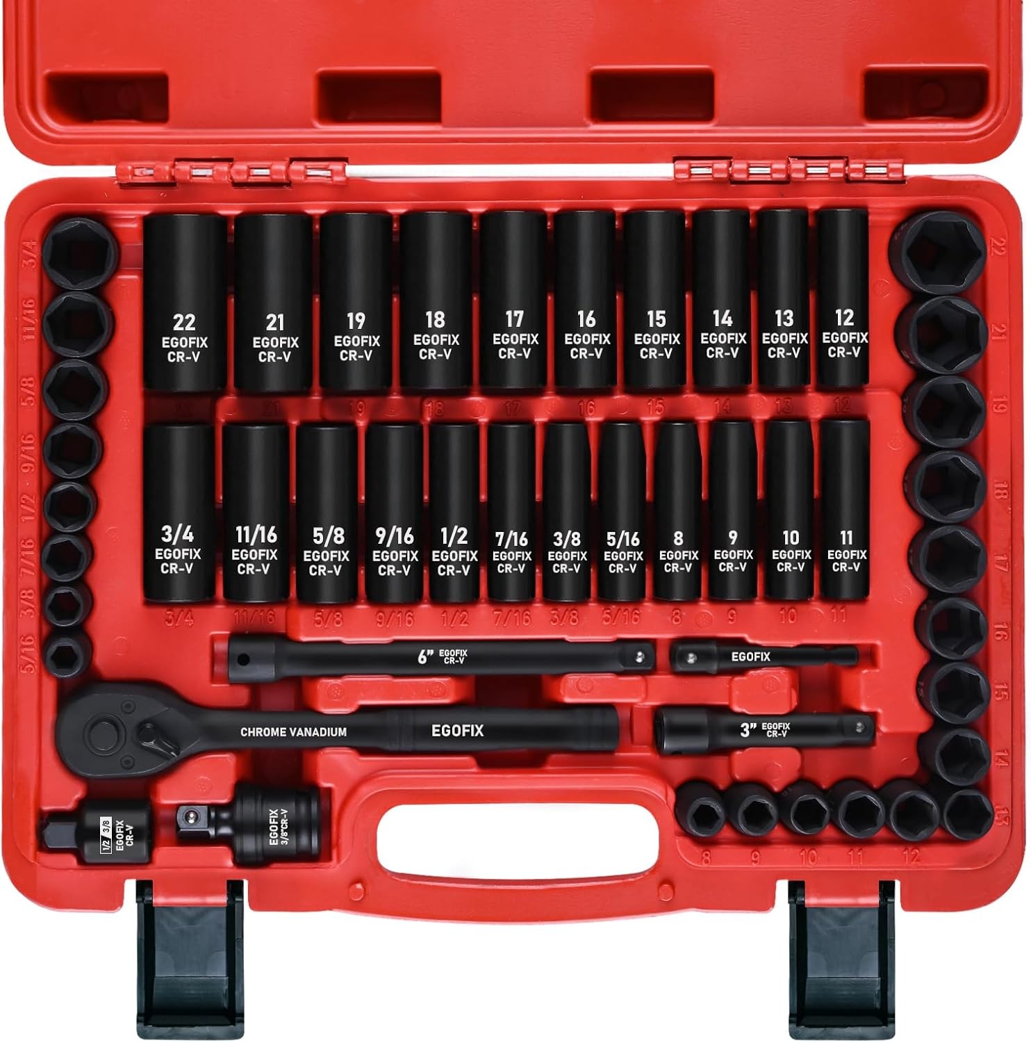 3/8″ Drive Impact Socket Set, 50 Piece Standard SAE (5/16 to 3/4 3/8″, 50pcs