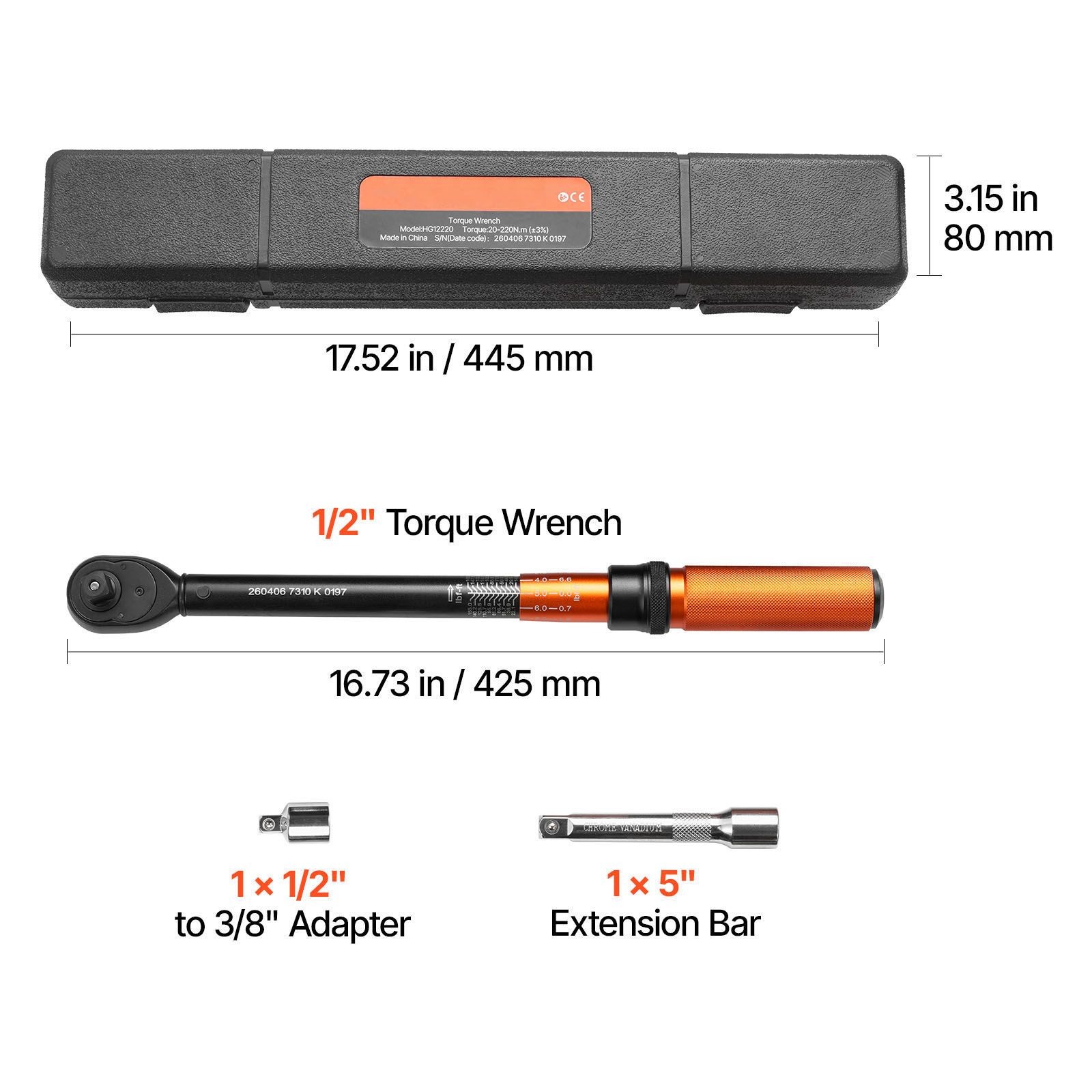 1/2 Drive Click Torque Wrench 20-220 Nm ±3% Set
