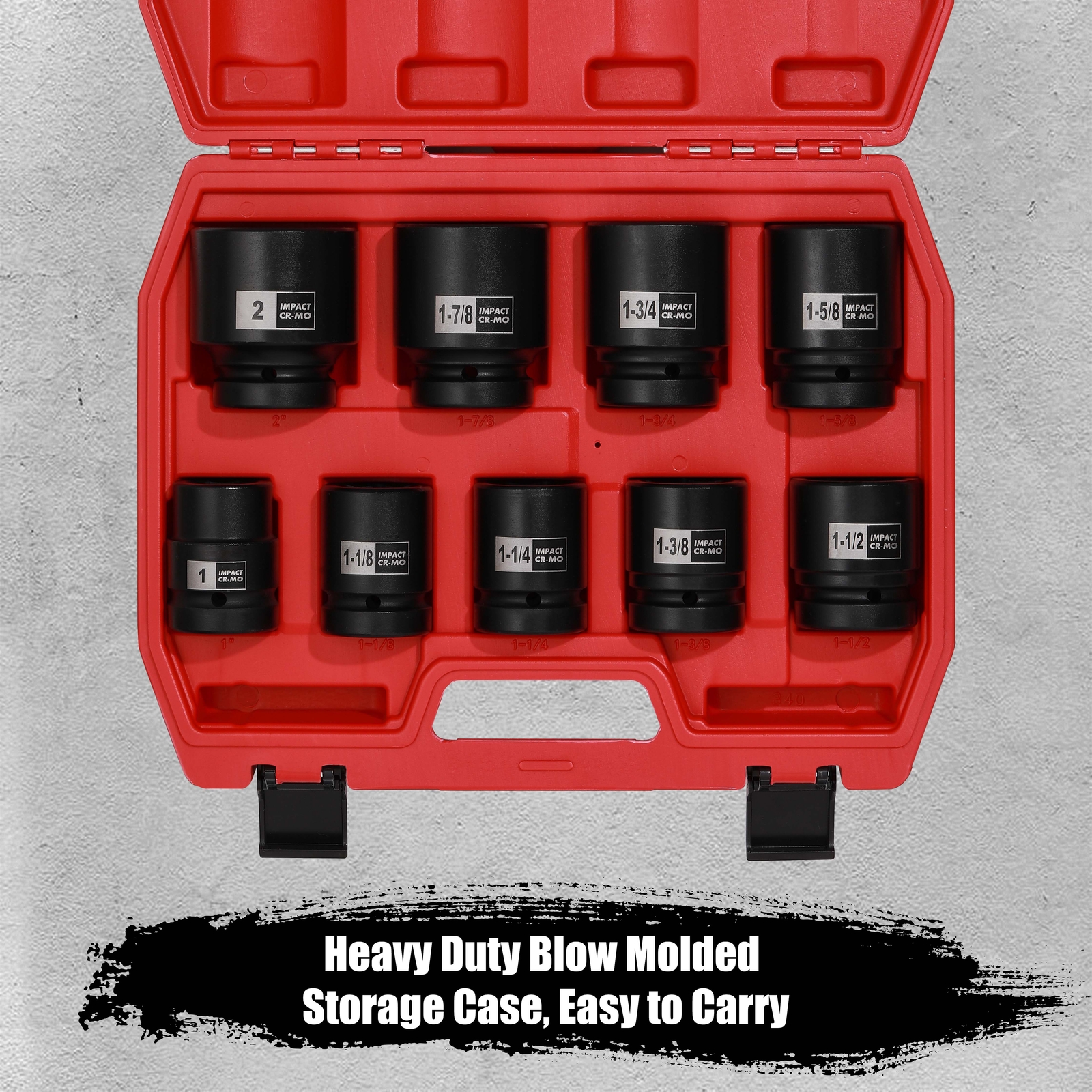 1” Drive Spindle Axle Nut Impact Socket Set 1″ to 2″, 9PCS 6-Point, SAE, CR-MO