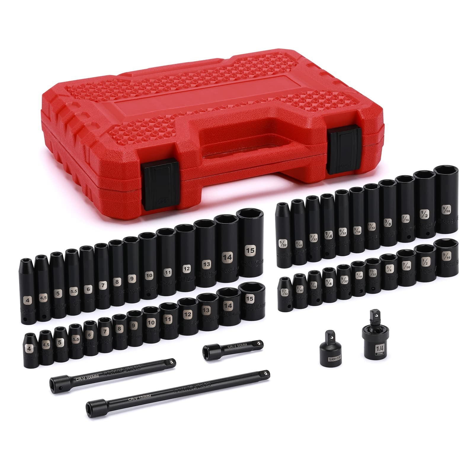 55PCS 1/4″ Drive Impact Socket Set – Deep & Shallow, CR-V, SAE/Metric, 6 Point