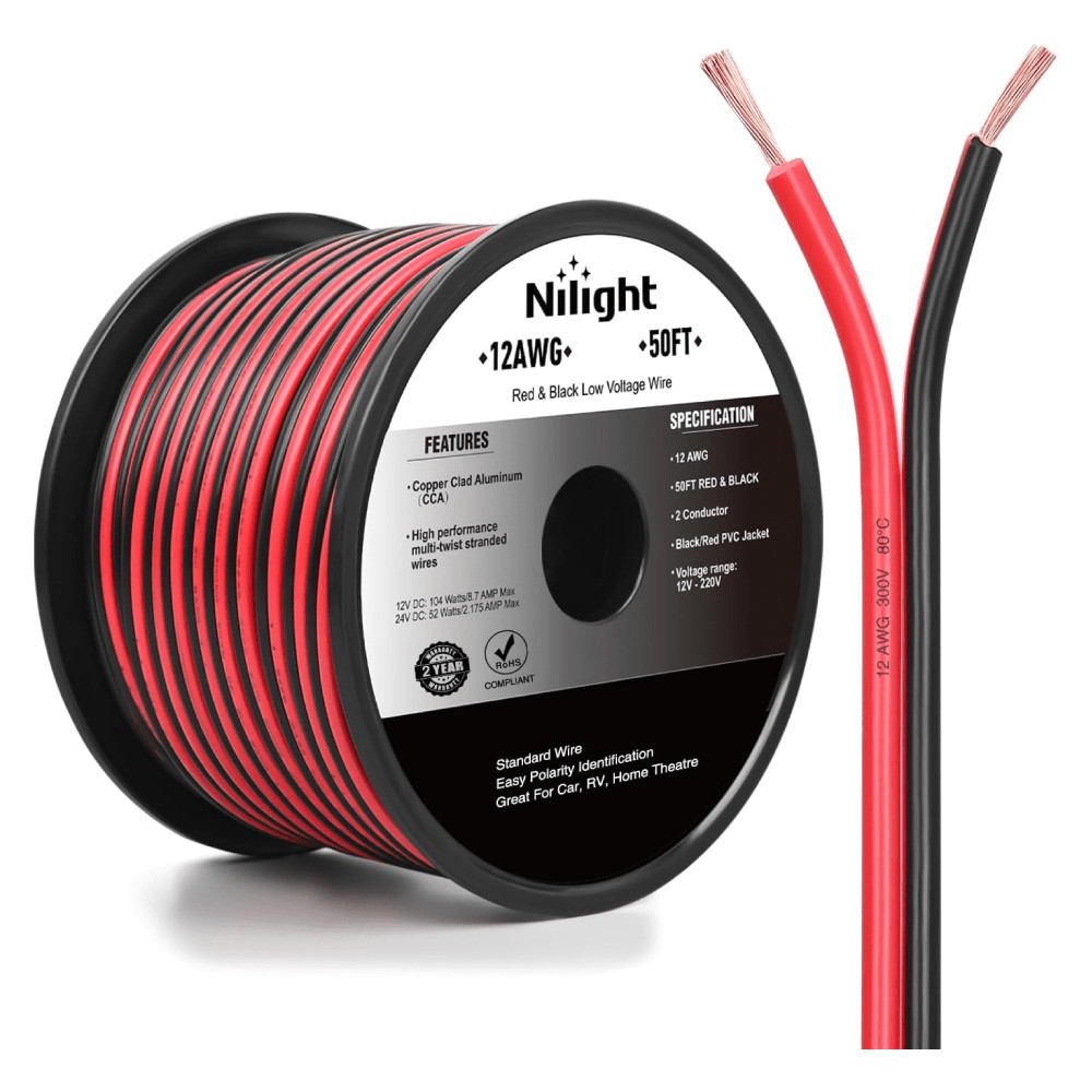 12AWG 50FT Copper Clad Aluminum Wire 12-2 Gauge Red Black CCA Electrical Cable