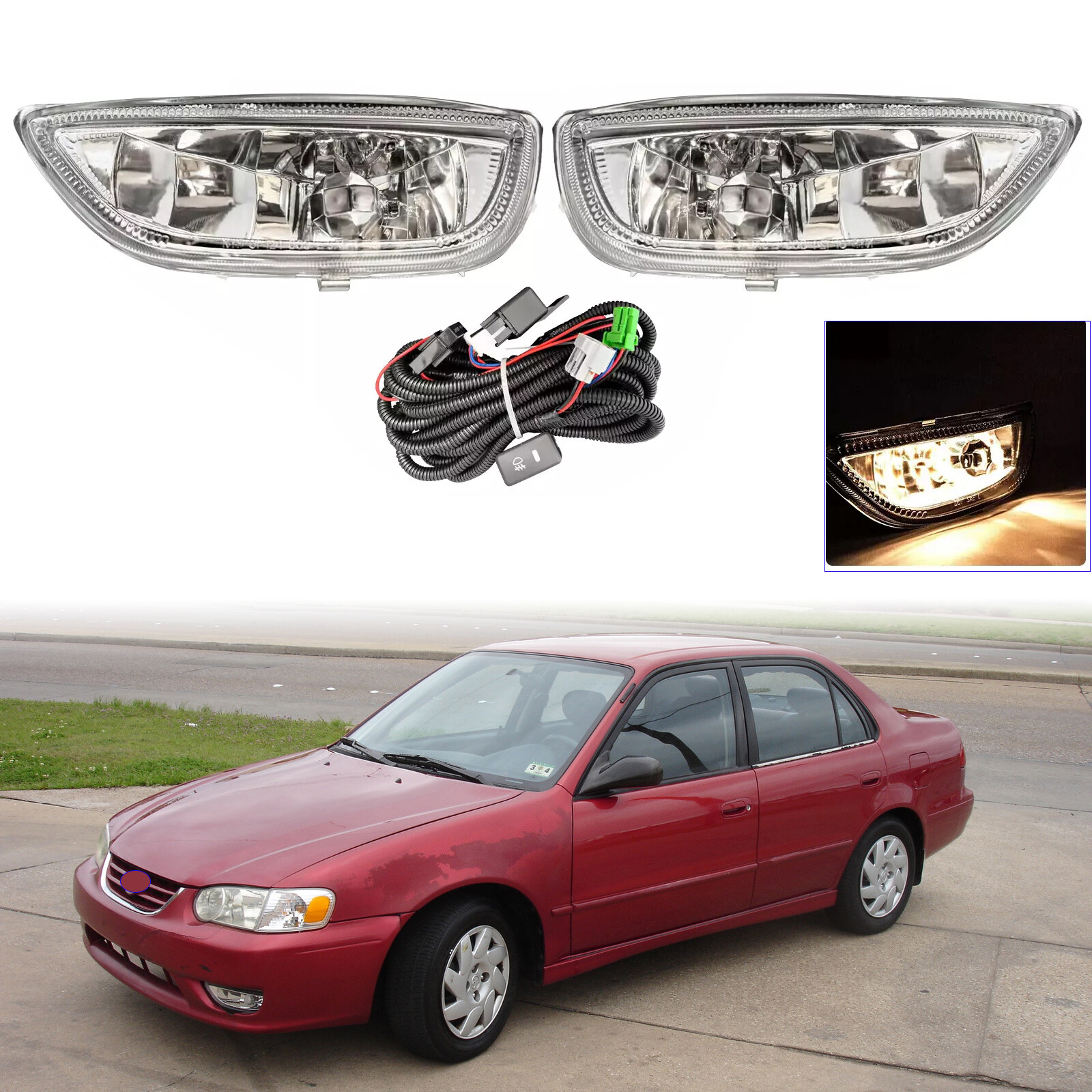 For 2001 2002 Toyota Corolla Pair Bumper Fog Light Driving Lamp w/Bulb W/Wiring